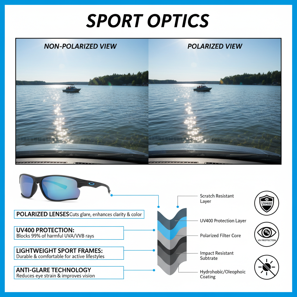 Polarized sport sunglasses features and benefits - UV protection and anti-glare technology