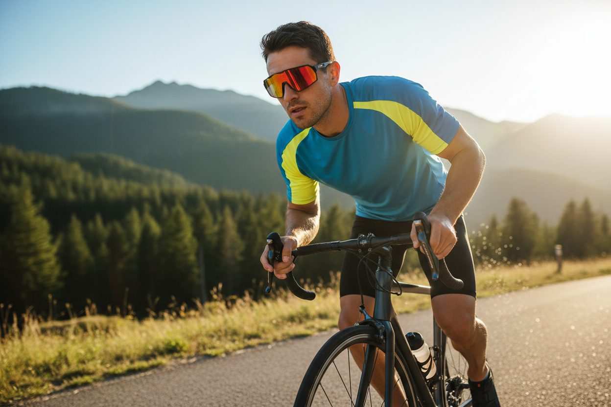 Active person wearing polarized sport sunglasses outdoors - lifestyle image