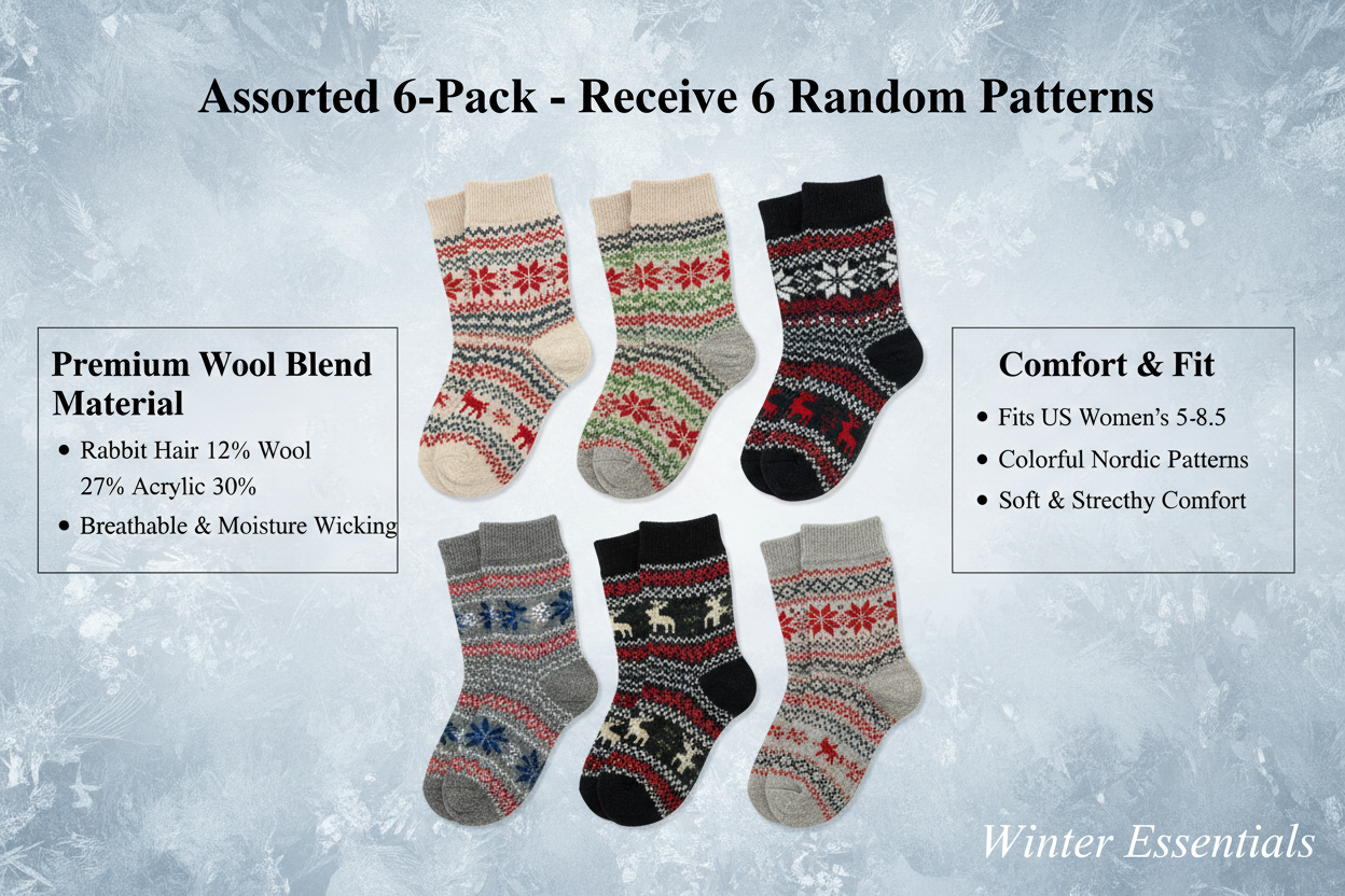 Women's Wool Blend Winter Socks - Assorted 6-Pack Nordic Pattern Warm Socks