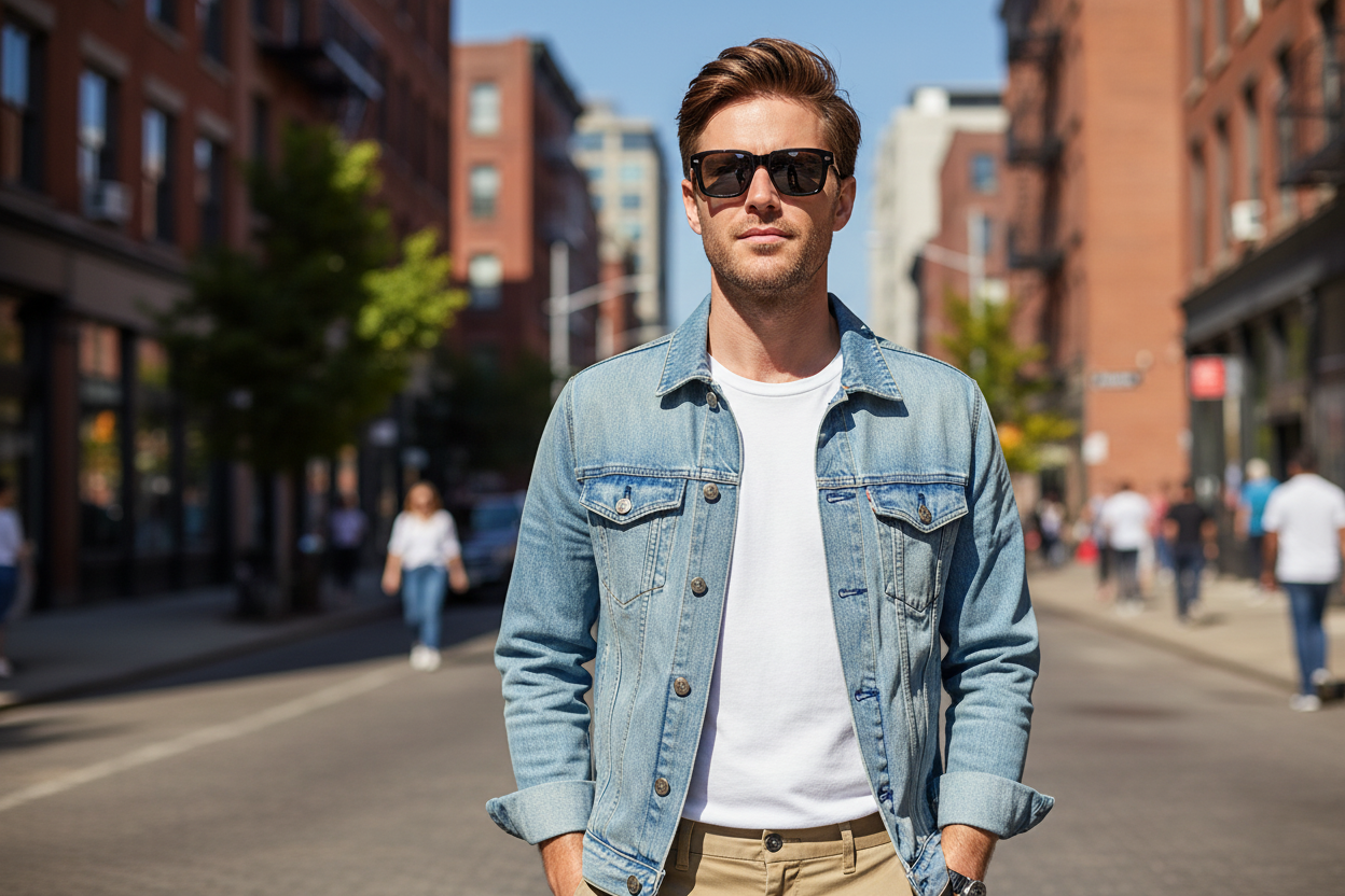 Man wearing wayfarer sunglasses on his face outdoors - lifestyle image