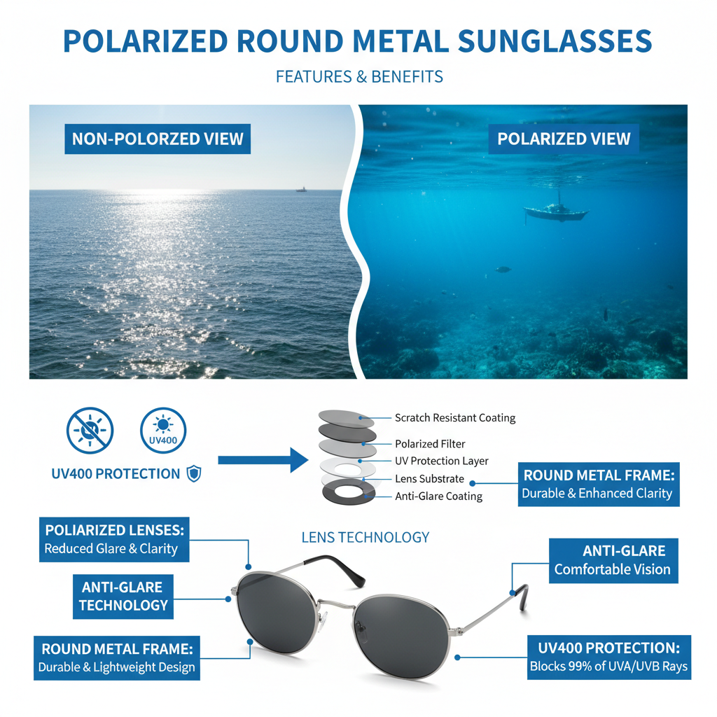 Polarized round metal sunglasses features and benefits - UV protection and vintage design