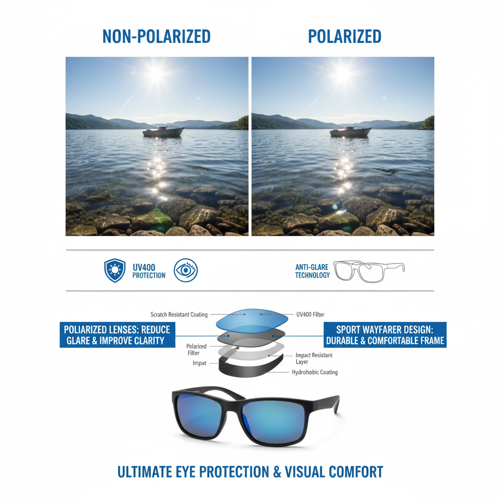 Polarized sport wayfarer sunglasses features and benefits - UV protection and athletic design