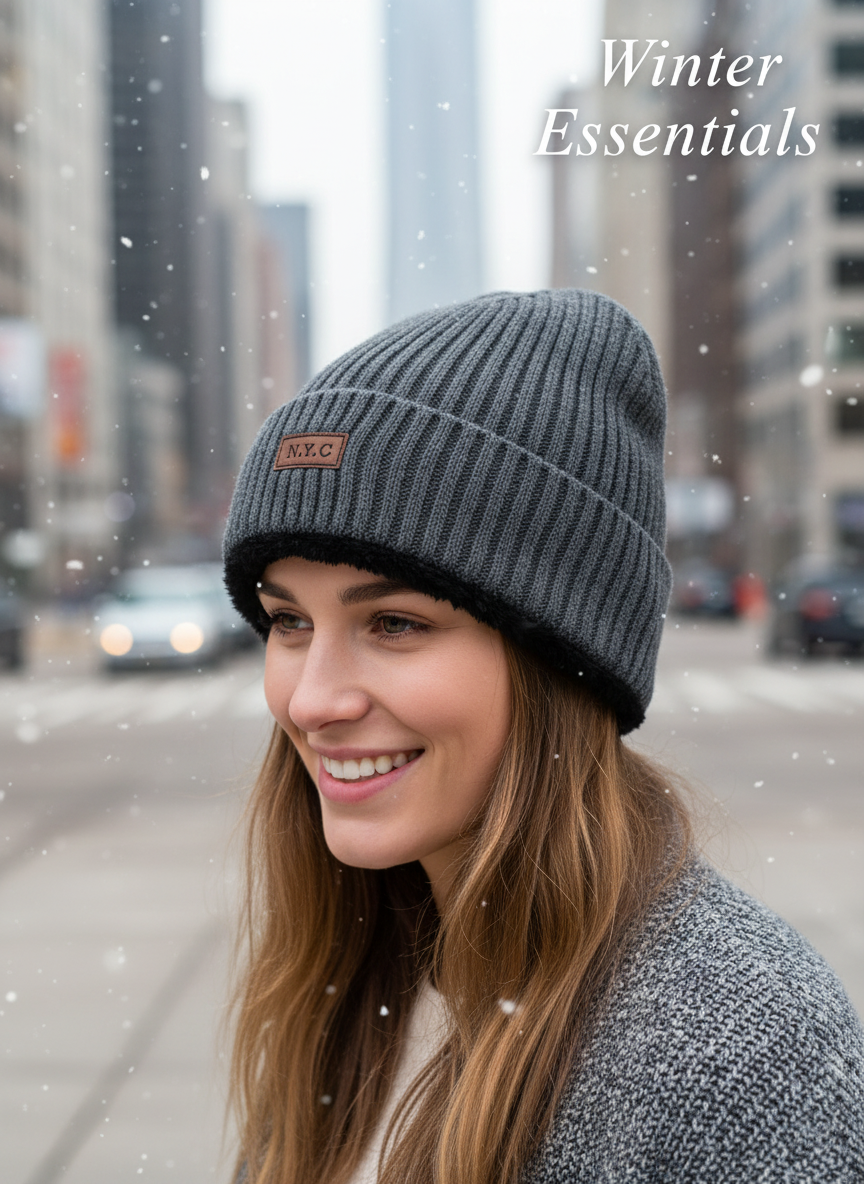 Thermal Winter Beanie Hat Plush Fleece Lined Ribbed Knit Hat Unisex NYC Style