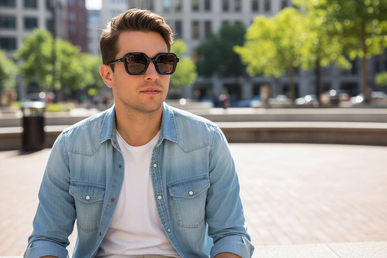 Man wearing geometric square sunglasses on his face outdoors - lifestyle image