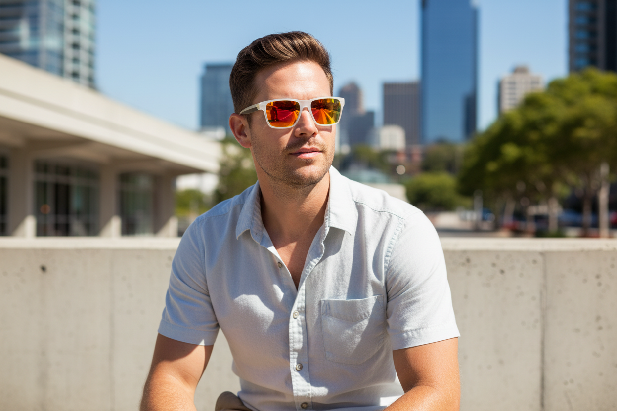 Man wearing wayfarer sunglasses with white frames and orange-yellow mirrored lenses on his face outdoors - lifestyle image