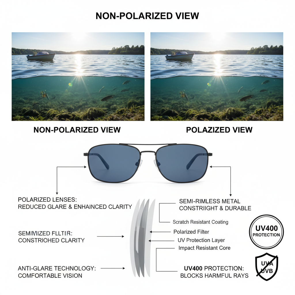 Polarized semi-rimless sunglasses features and benefits - UV protection and refined design