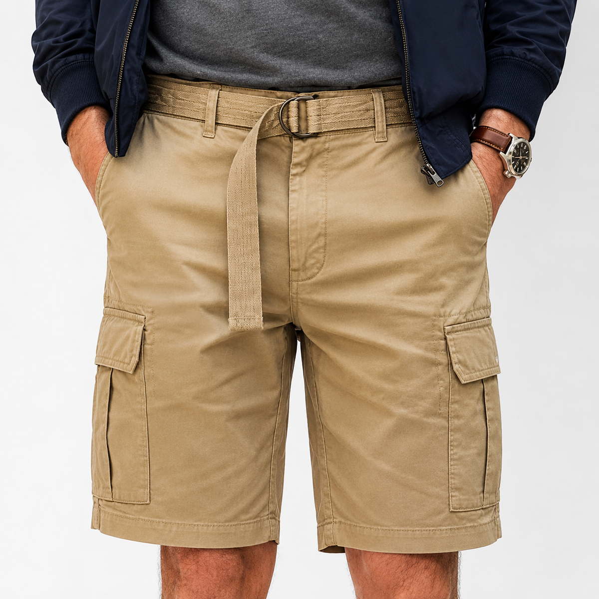 Men's Cotton Twill Utility Cargo Shorts with Adjustable Belt