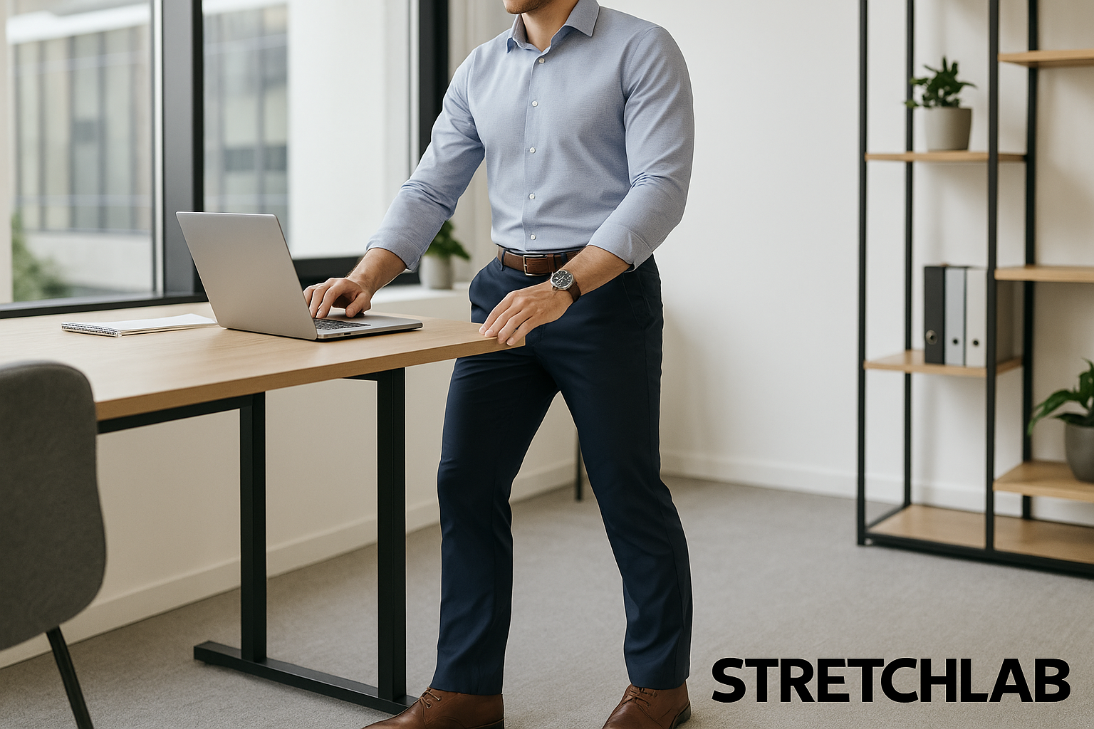 Lifestyle shot of man wearing navy StretchLab work pants in workplace setting