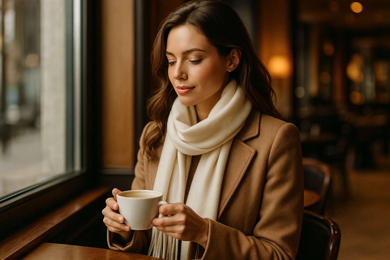 Lifestyle shot - woman with cream scarf in coffee shop
