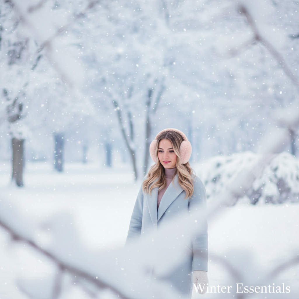 Light pink earmuffs snowy park lifestyle