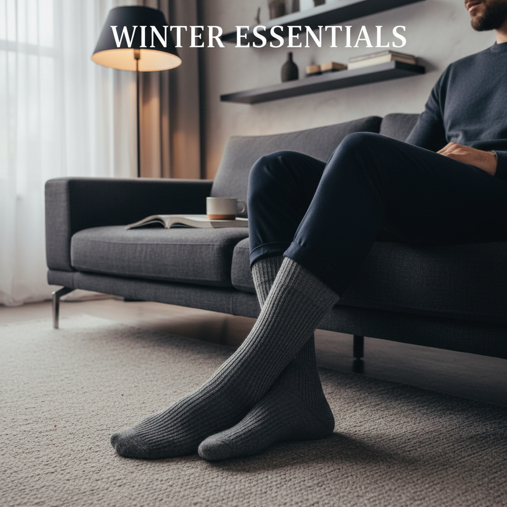 Men's gray socks on sofa