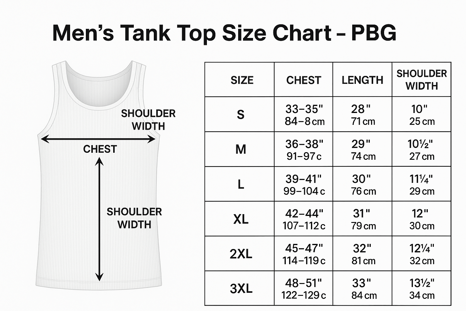 Men's Tank Top Size Chart - PBG