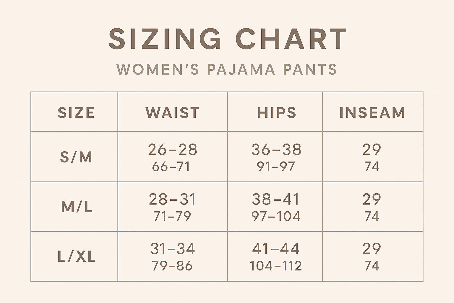Pajama Pants Sizing Chart