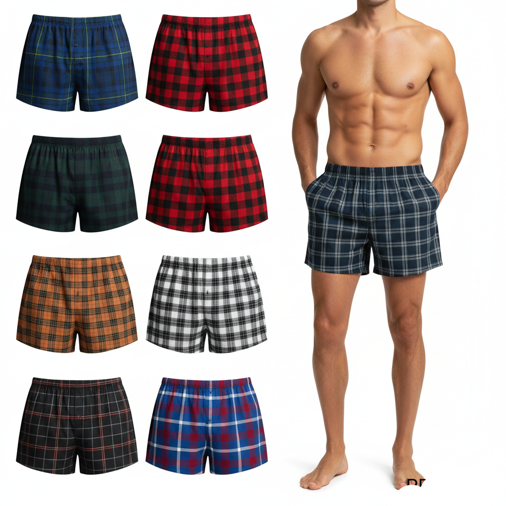 Six plaid boxers with model