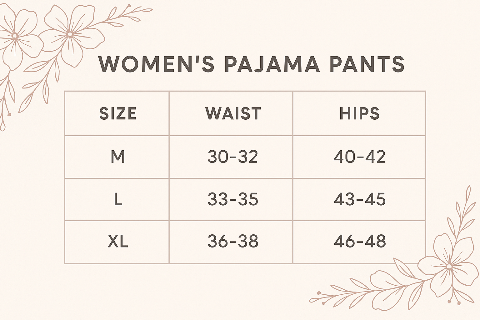 Women's Pajama Pants Sizing Chart