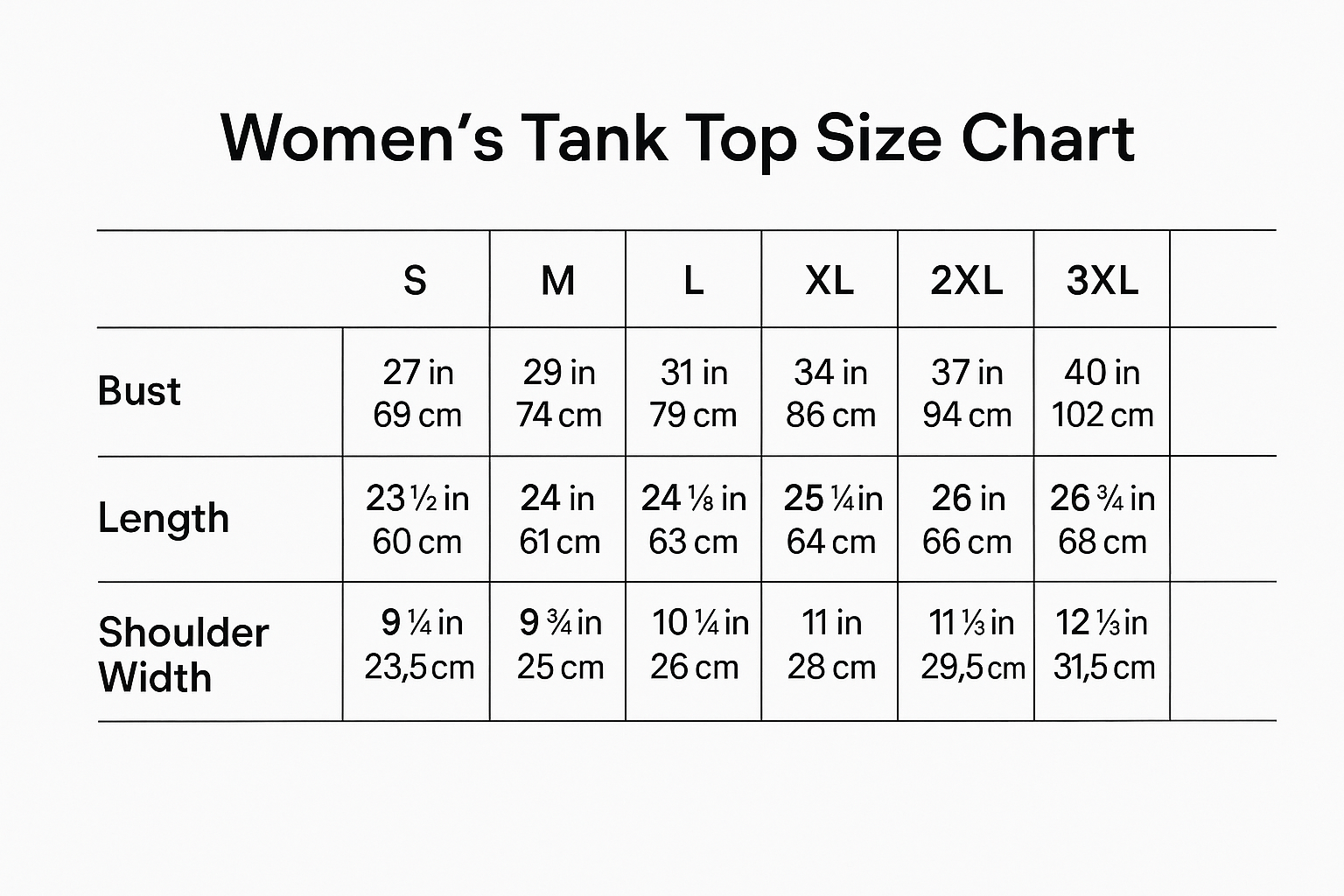Women's Tank Top Size Chart