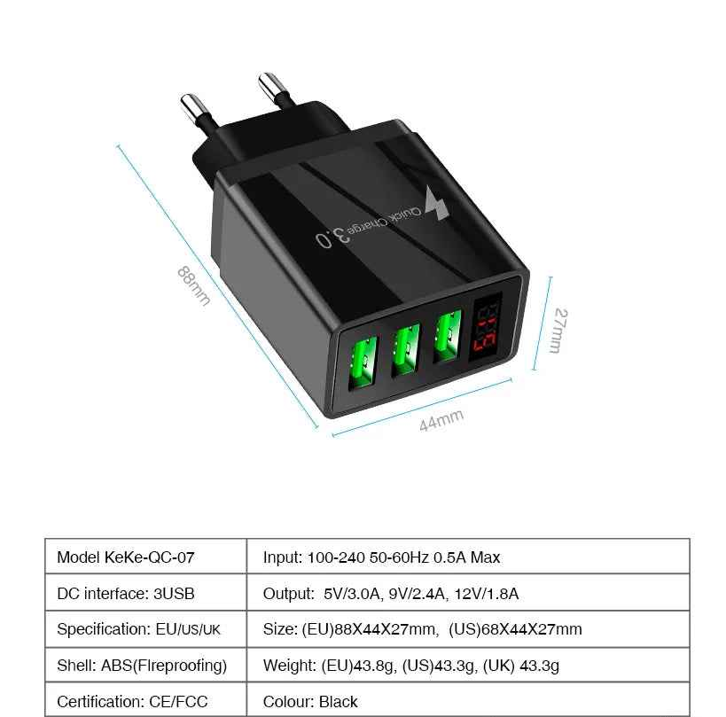 3-Port USB Quick Wall Charger with LED Voltage Display - Safe & Fast Charging