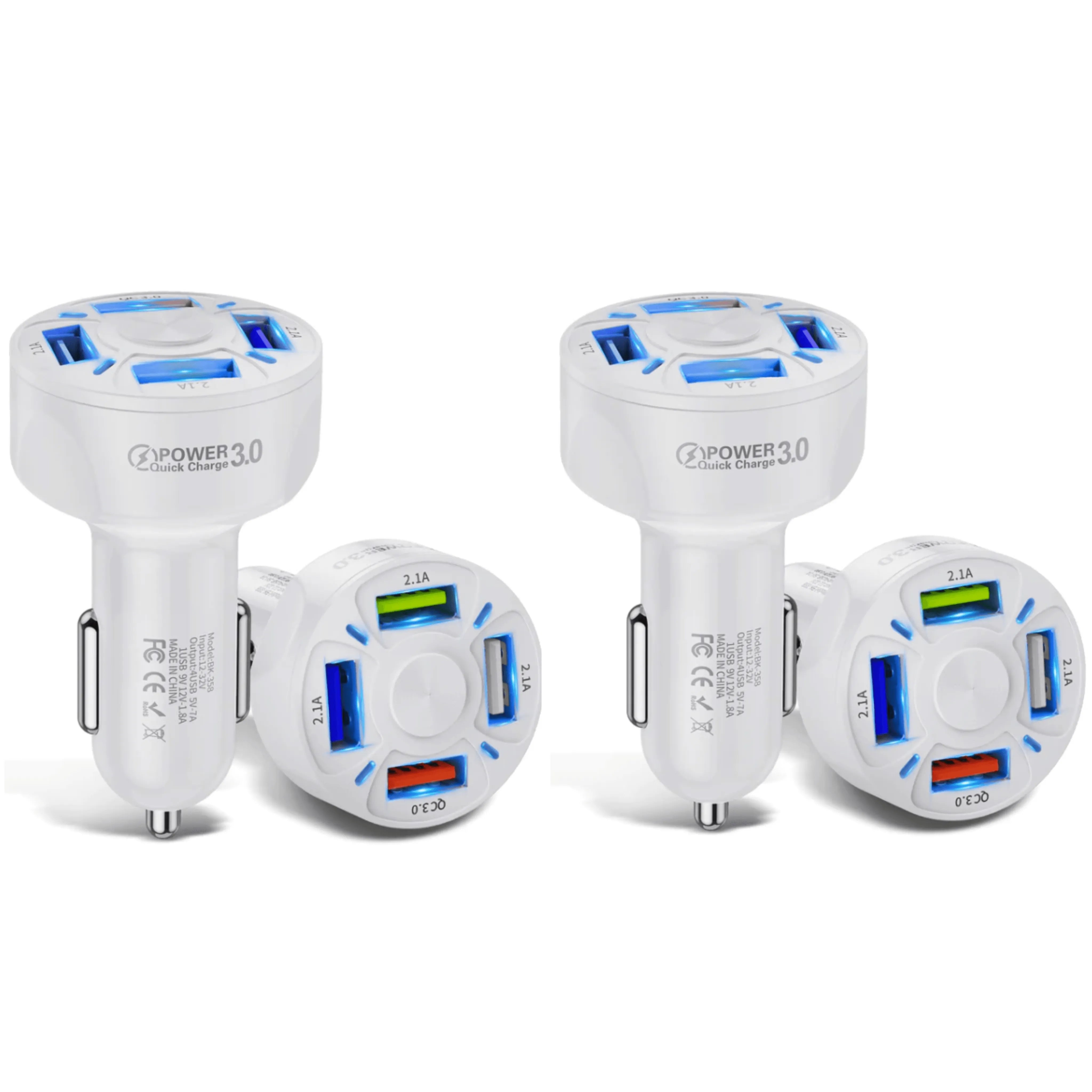 2 PACK PBG LED 4 Port Rapid Car Charger - Charges 4 Devices at once! - PremiumBrandGoods