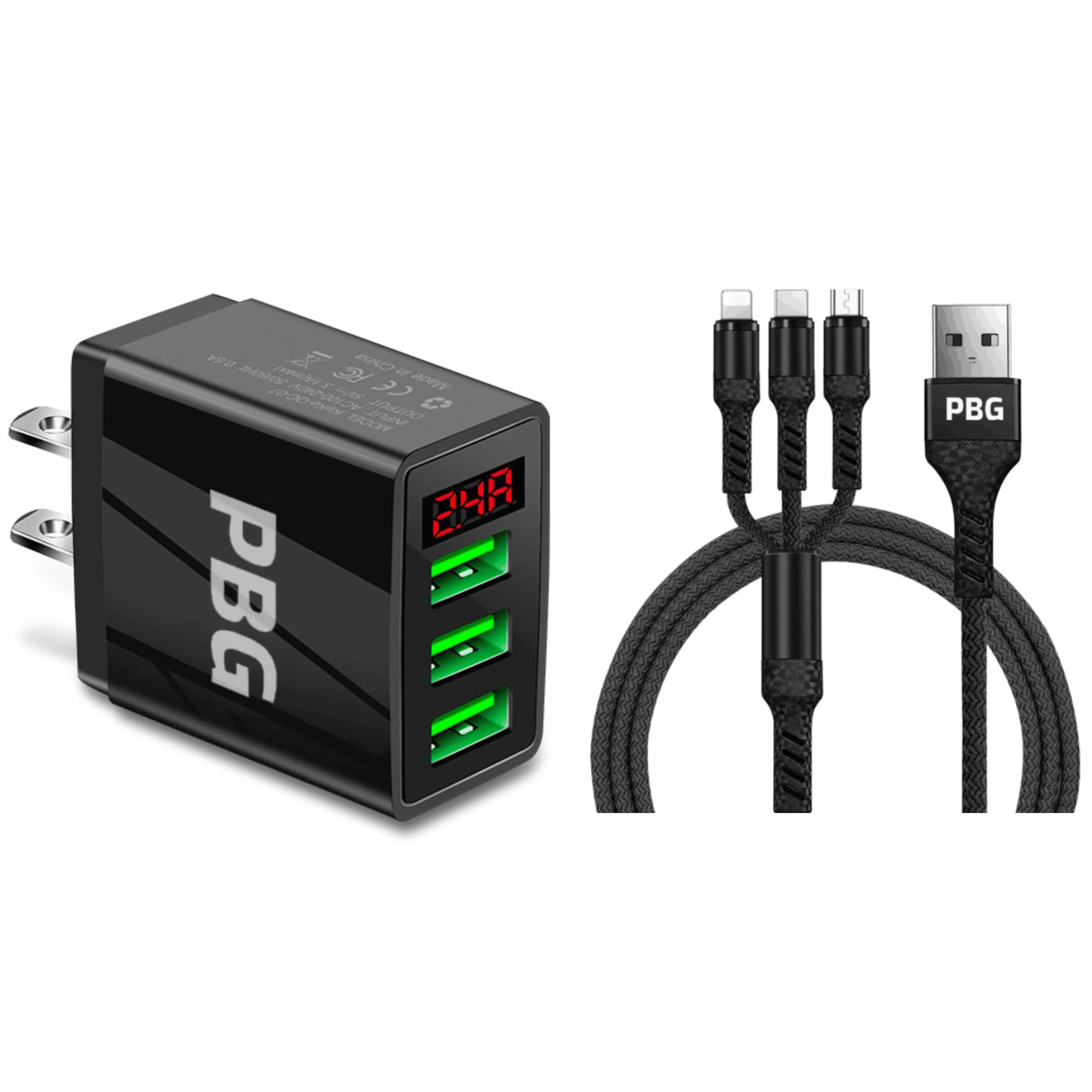 3 port LED Display Wall Charger and 3 in 1 Cable Bundle Black - PremiumBrandGoods