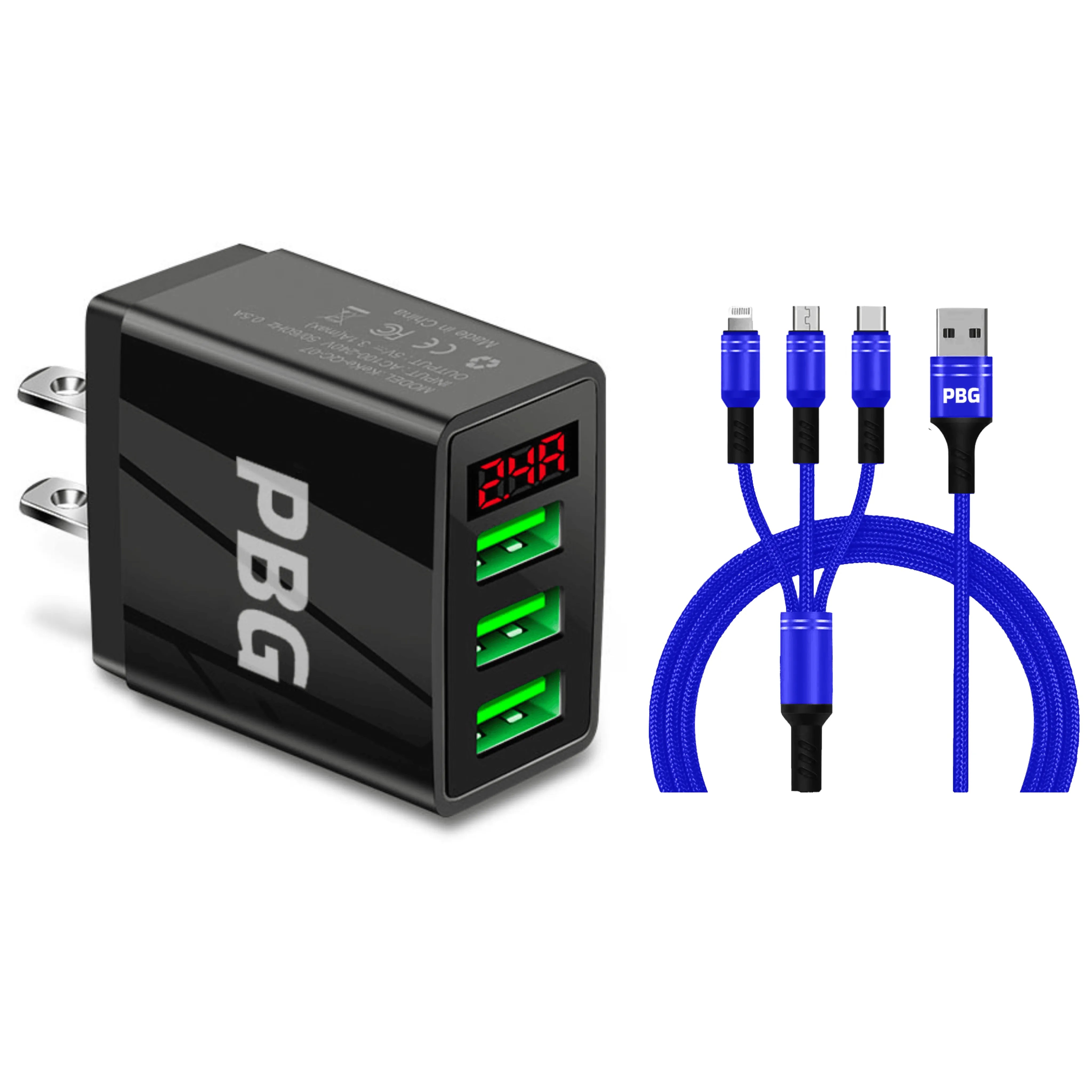 3 port LED Display Wall Charger and 3 in 1 Cable Bundle Blue - PremiumBrandGoods
