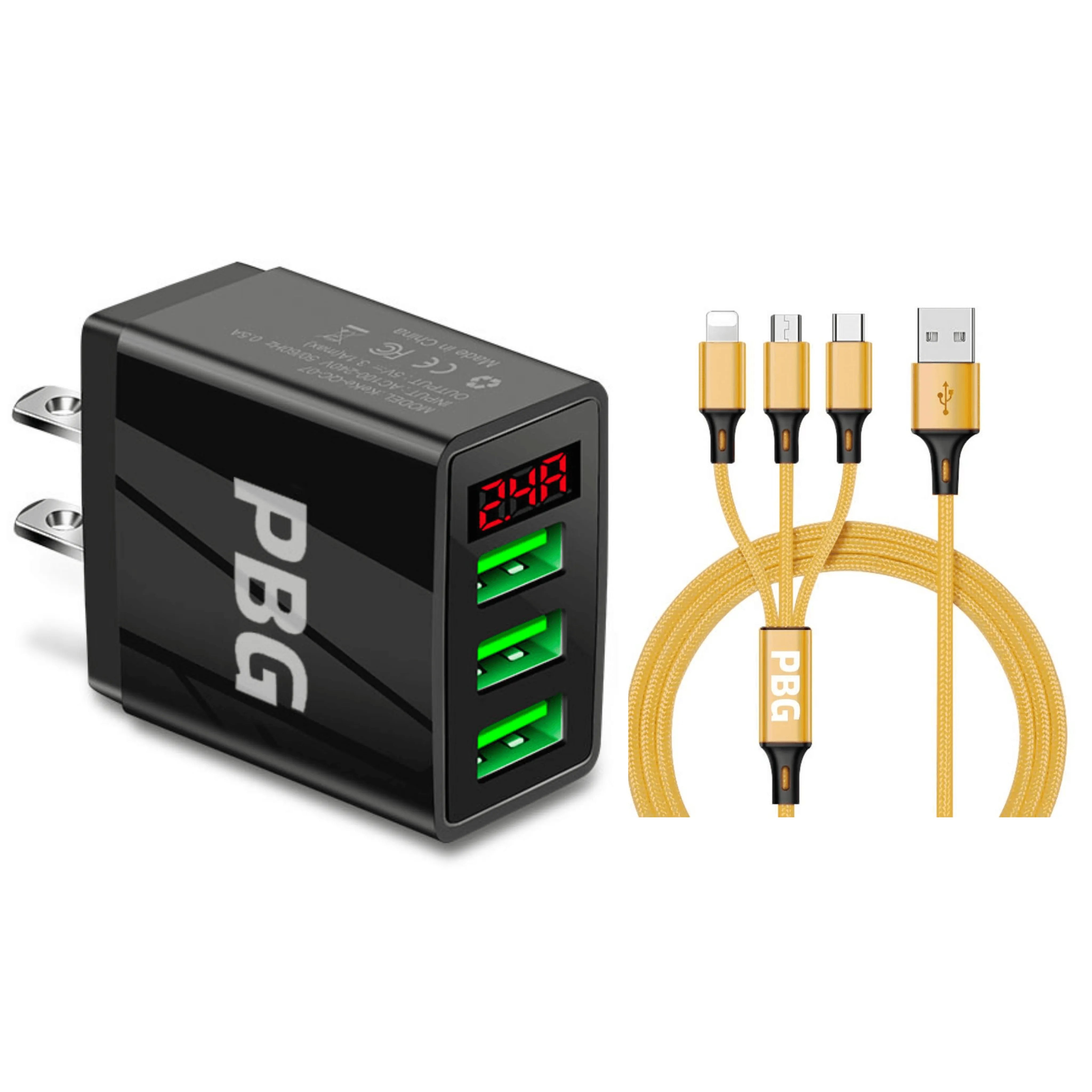 3 port LED Display Wall Charger and 3 in 1 Cable Bundle Gold - PremiumBrandGoods
