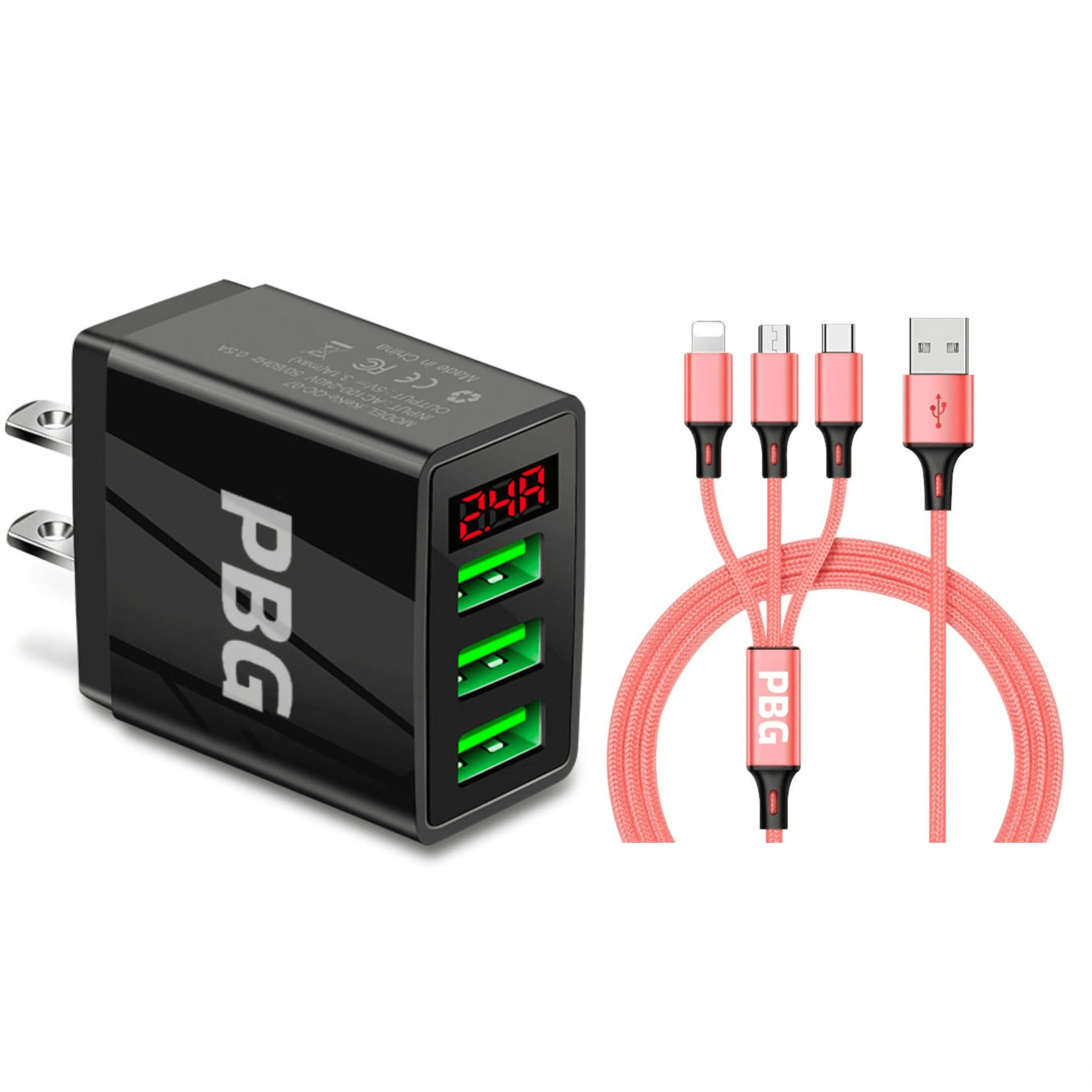 3 port LED Display Wall Charger and 3 in 1 Cable Bundle Pink - PremiumBrandGoods