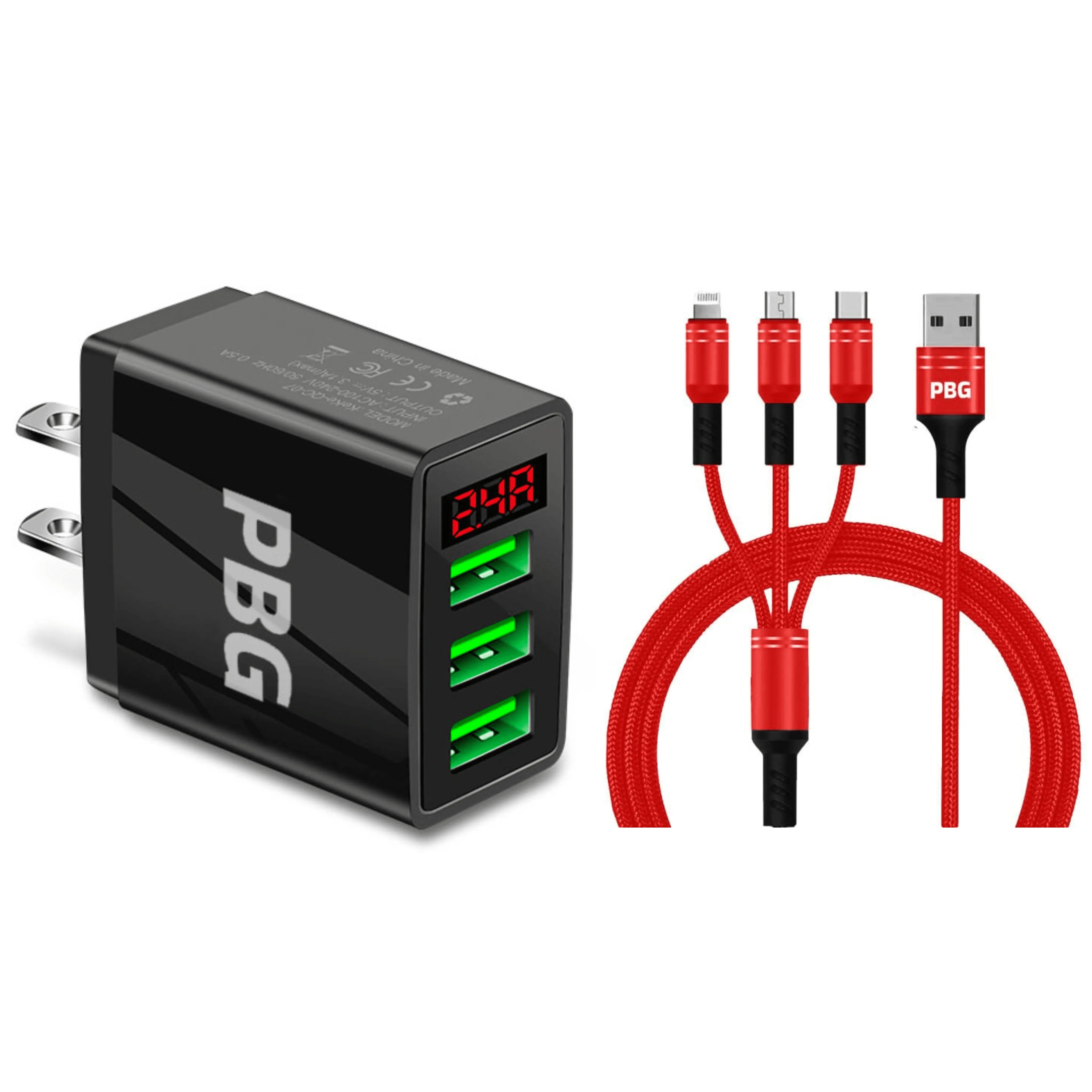 3 port LED Display Wall Charger and 3 in 1 Cable Bundle Red - PremiumBrandGoods