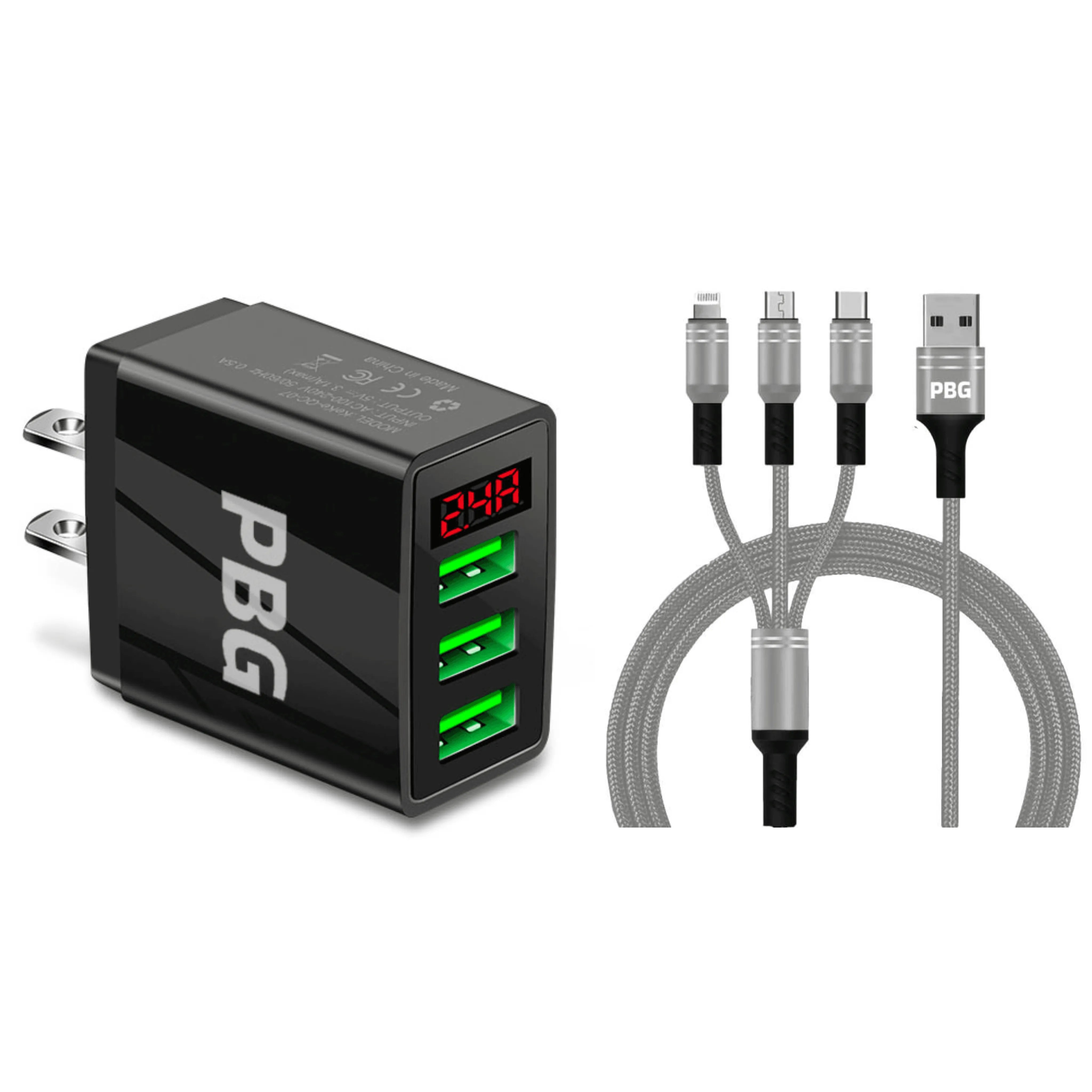 3 port LED Display Wall Charger and 3 in 1 Cable Bundle Silver - PremiumBrandGoods