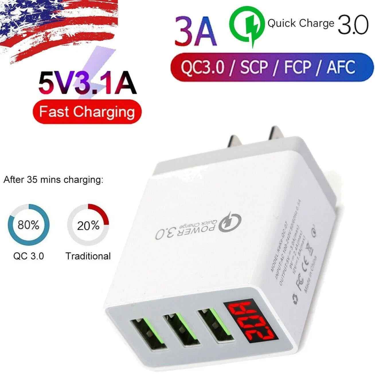 3 Port LED Fast Quick Charge QC 3.0 USB Hub Display Wall Charger Adapter US Plug