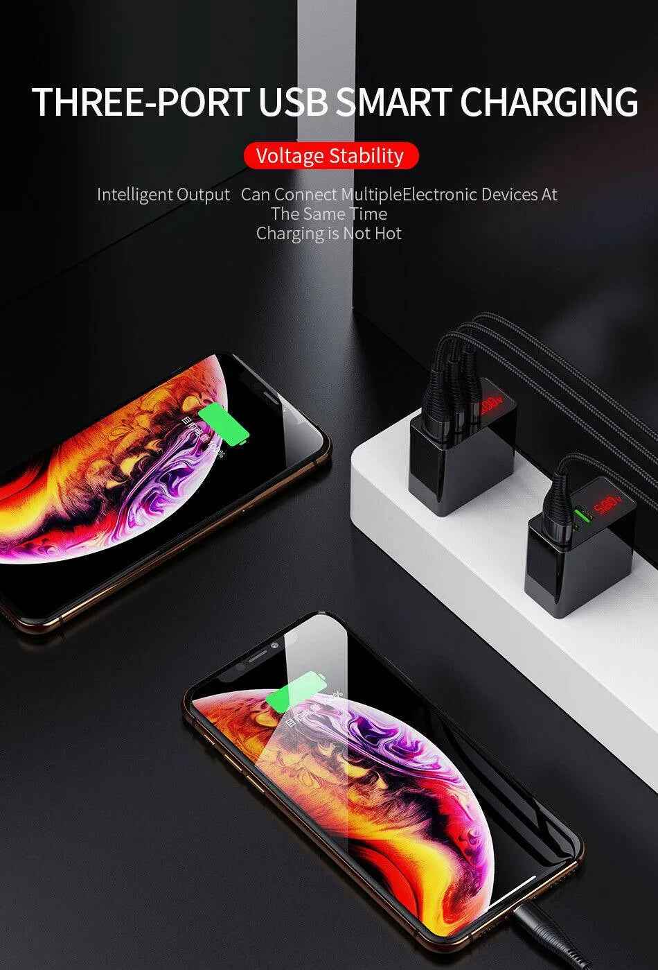 3 Port LED Fast Quick Charge QC 3.0 USB Hub Display Wall Charger Adapter US Plug