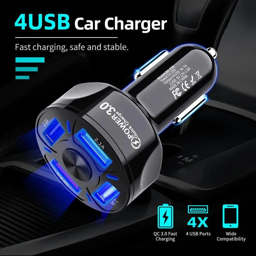 4 Port LED Car Charger + 3 in 1 Cable Combo Black - PremiumBrandGoods