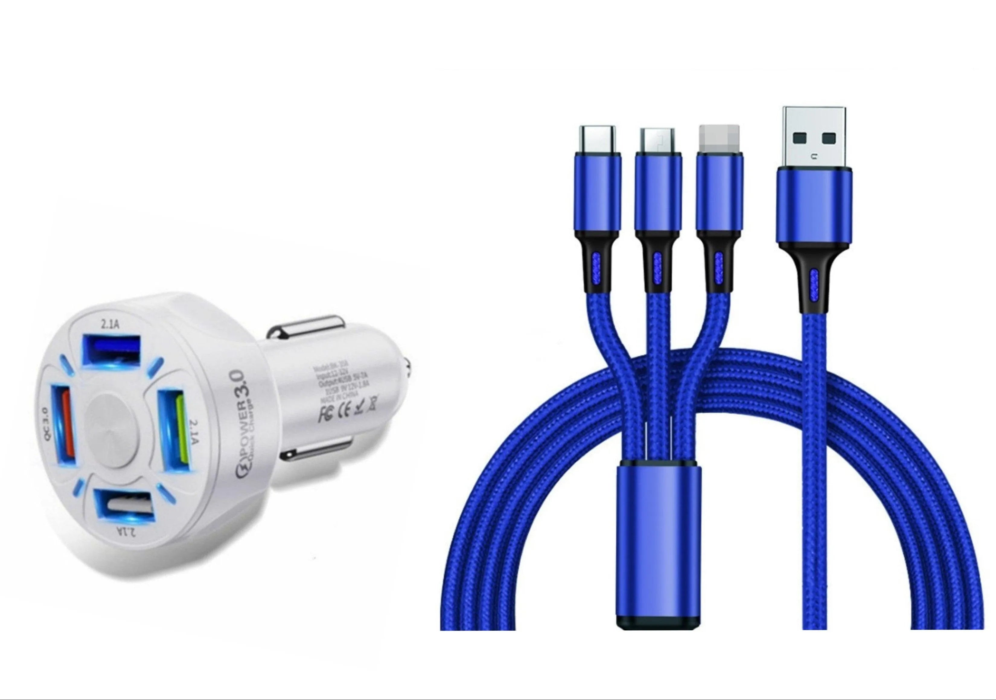 4 Port LED Car Charger + 3 in 1 Cable Combo Blue - PremiumBrandGoods