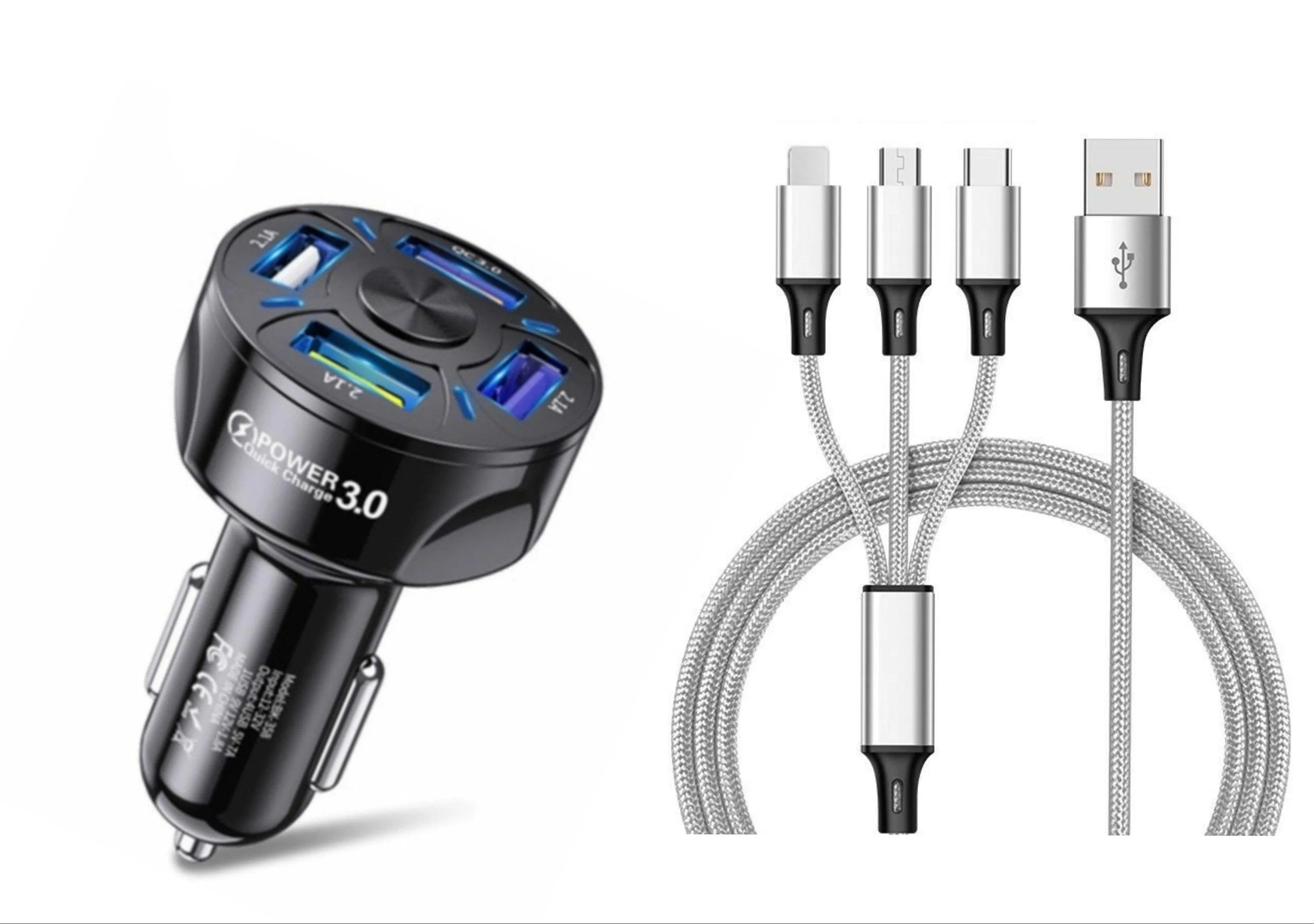 4 Port LED Car Charger + 3 in 1 Cable Combo Silver - PremiumBrandGoods
