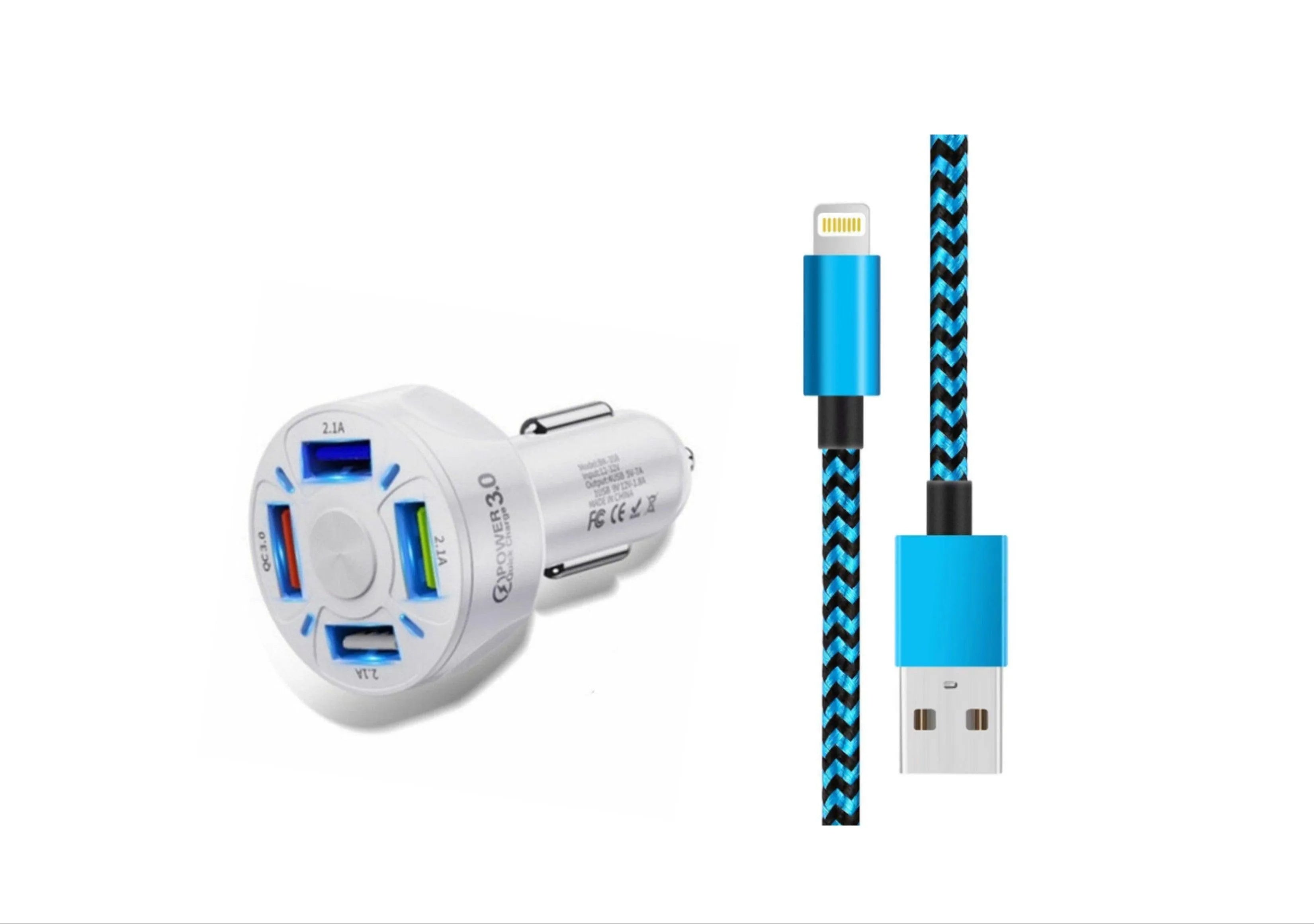 4 Port LED Car Charger and Iphone Cable Bundle - PremiumBrandGoods