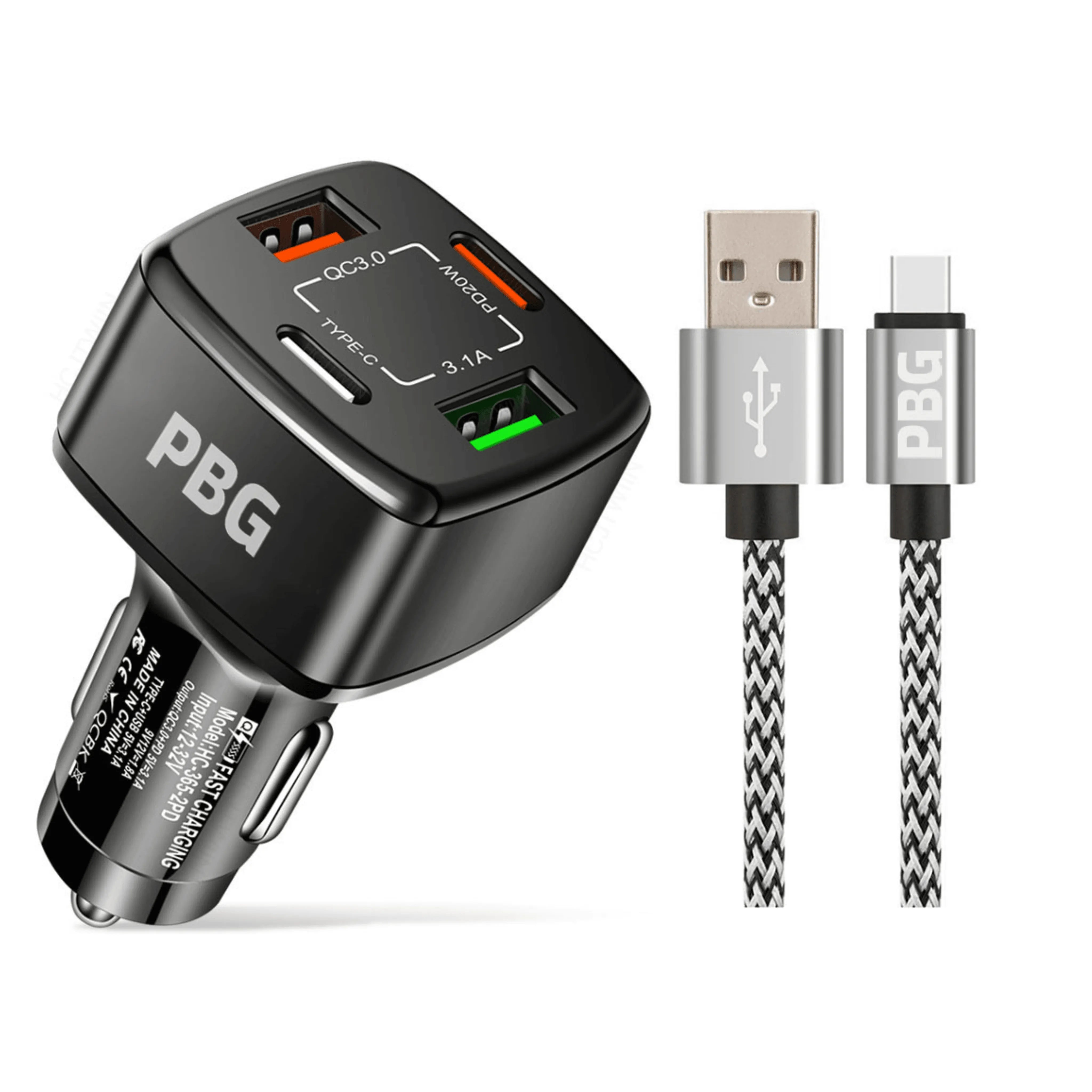 4 Port PD/USB Car Charger and 10FT Charger Compatible for Iphone Silver - PremiumBrandGoods
