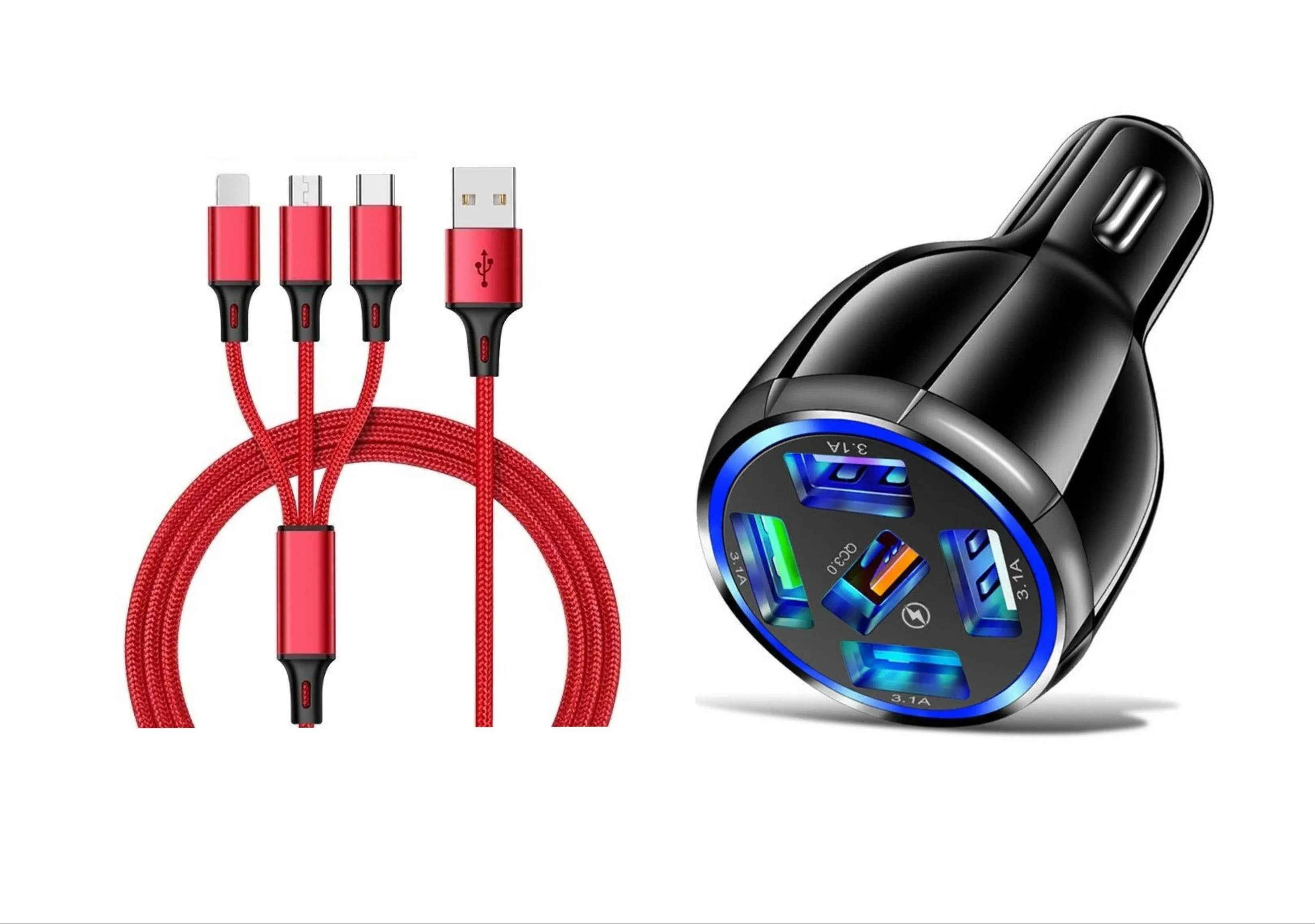 5 Port LED Fast Car Charger + 3 in 1 Cable Combo
