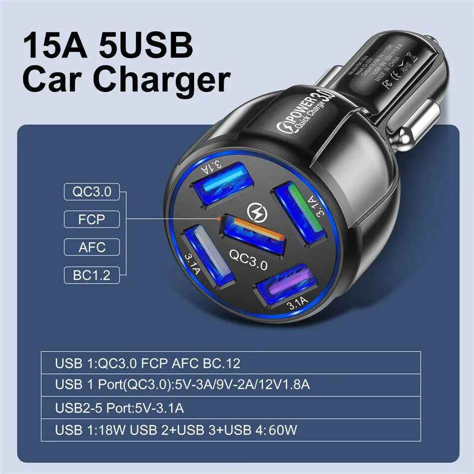 5 Port LED Fast Car Charger + 3 in 1 Cable Combo