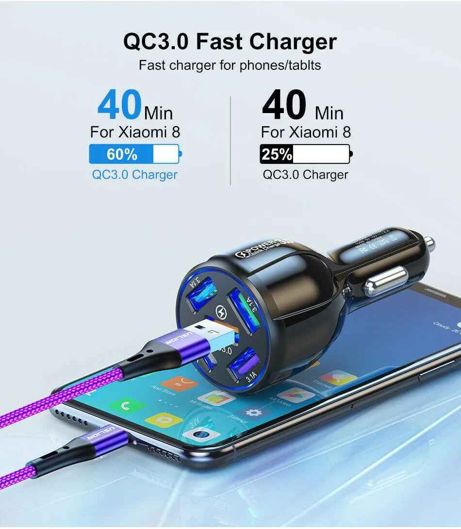 5 Port LED Fast Car Charger + 3 in 1 Cable Combo