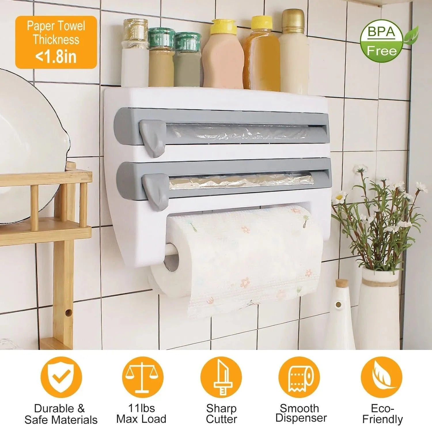 Kitchen Roll Dispenser Paper Roll Holder Plastic Wrap Film Foil Paper Organizer W/ Cutter Wall Mounted for Kitchen Bathroom