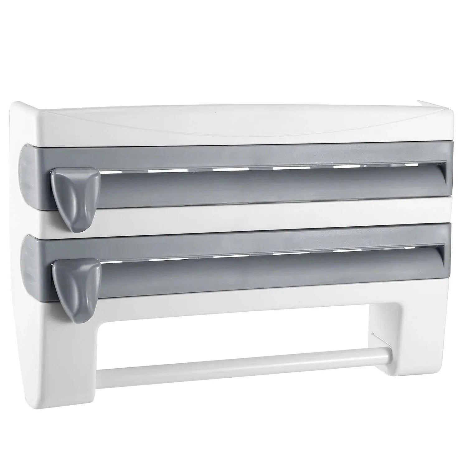 Kitchen Roll Dispenser Paper Roll Holder Plastic Wrap Film Foil Paper Organizer W/ Cutter Wall Mounted for Kitchen Bathroom