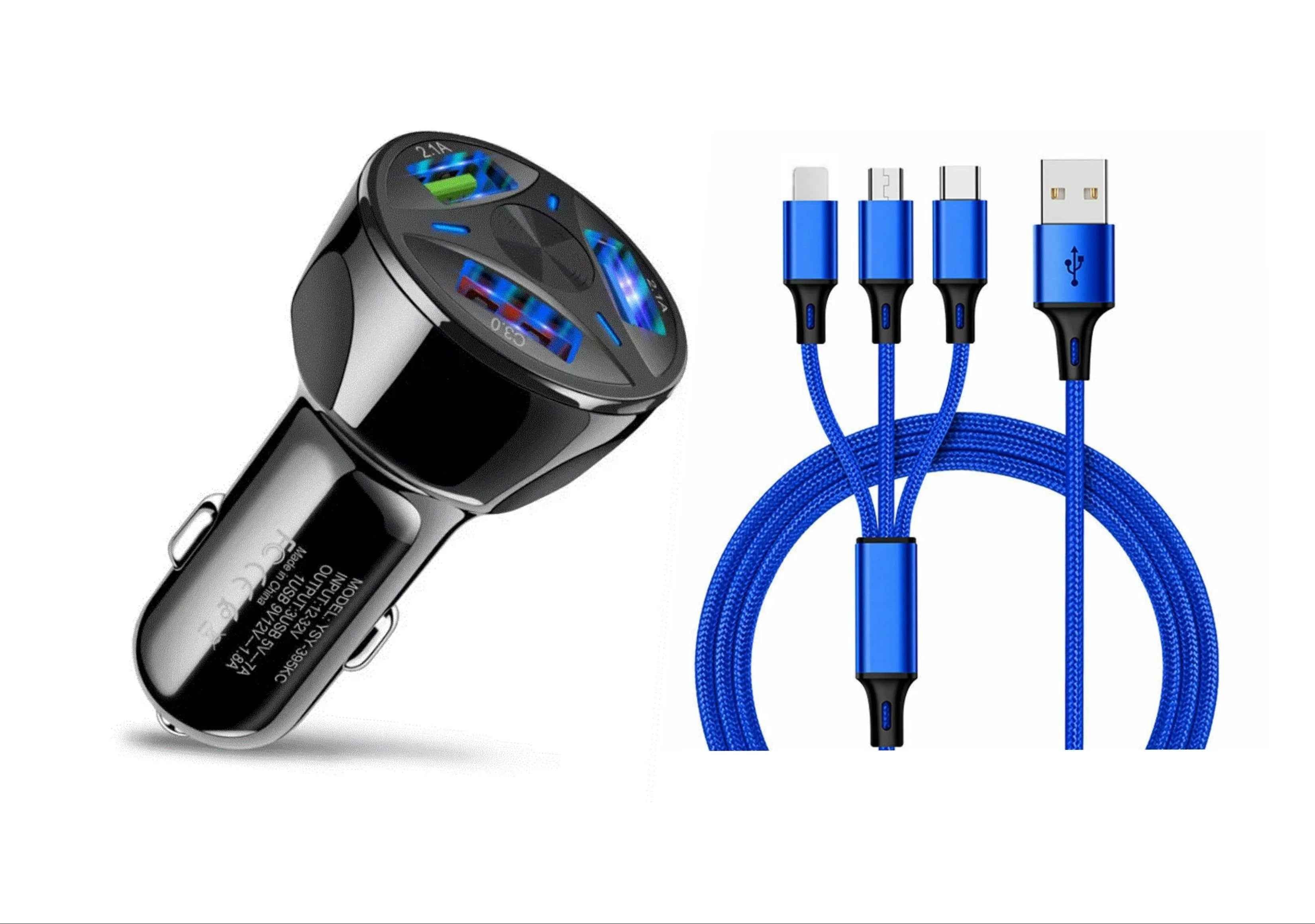 3-Port LED Fast Car Charger & 3-in-1 Fast Charging Cable Combo