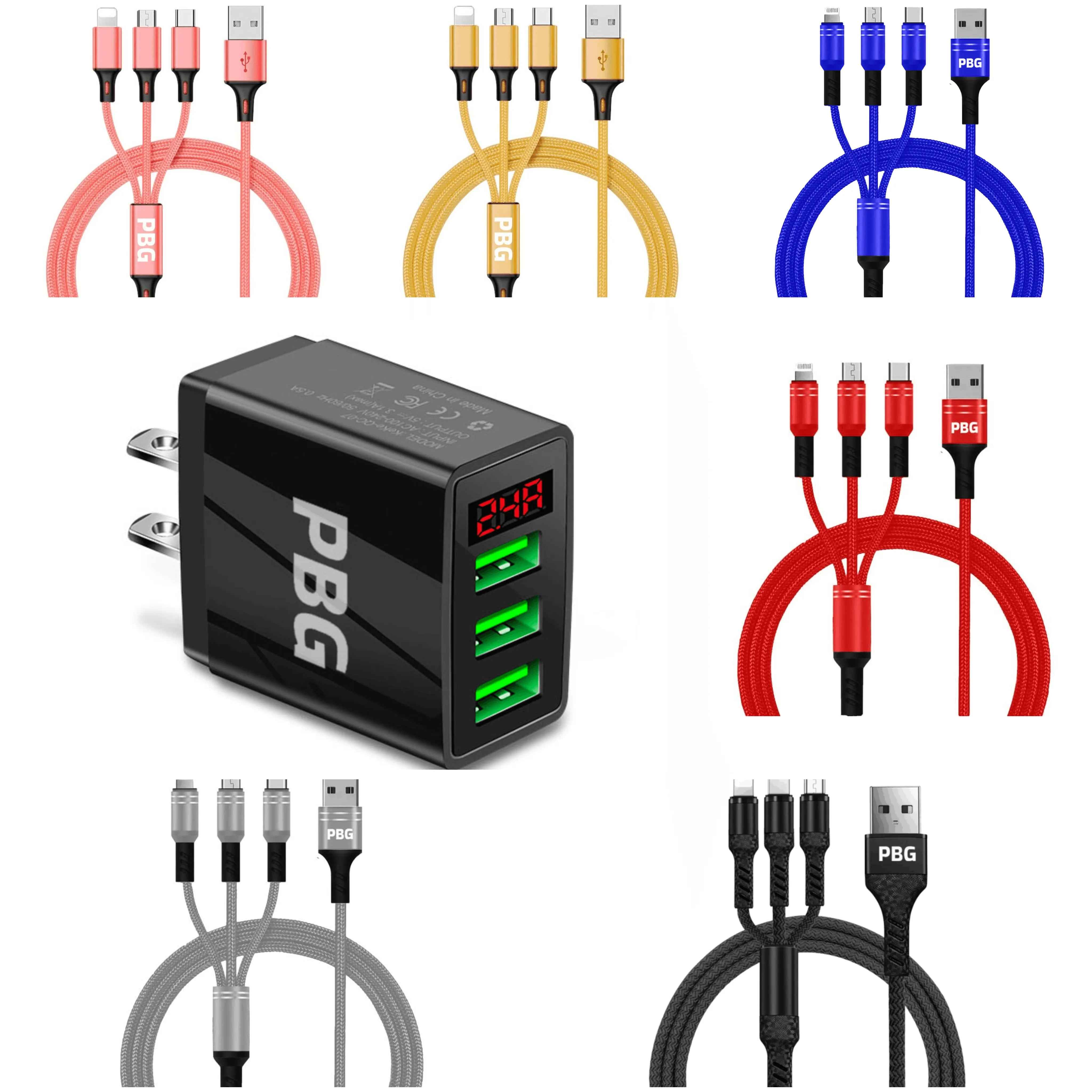PBG 3 port LED Display Wall Charger and 3 in 1 Cable Bundle