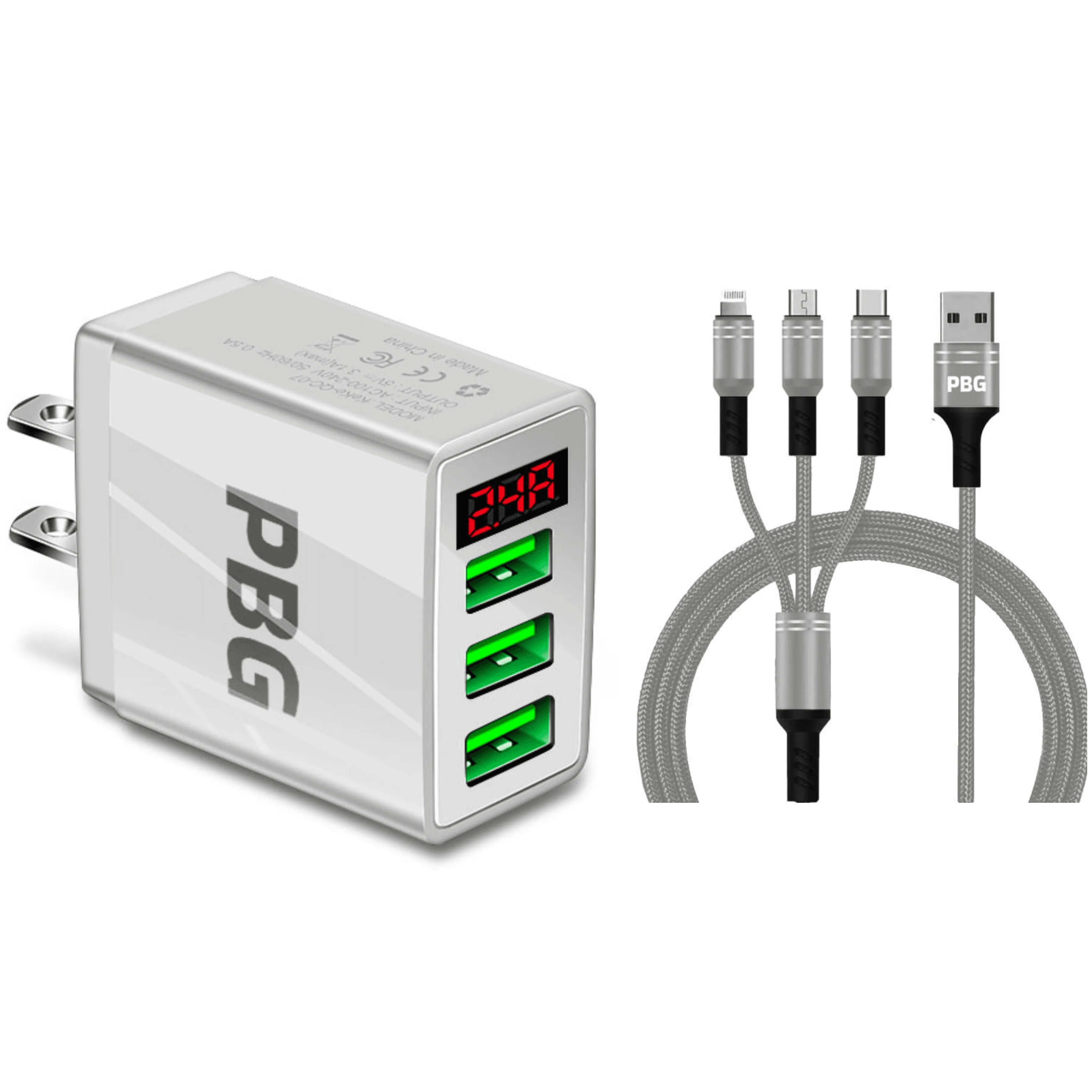Silver 3-in-1 Fast Charging Cable | 3 ports usb wall charger