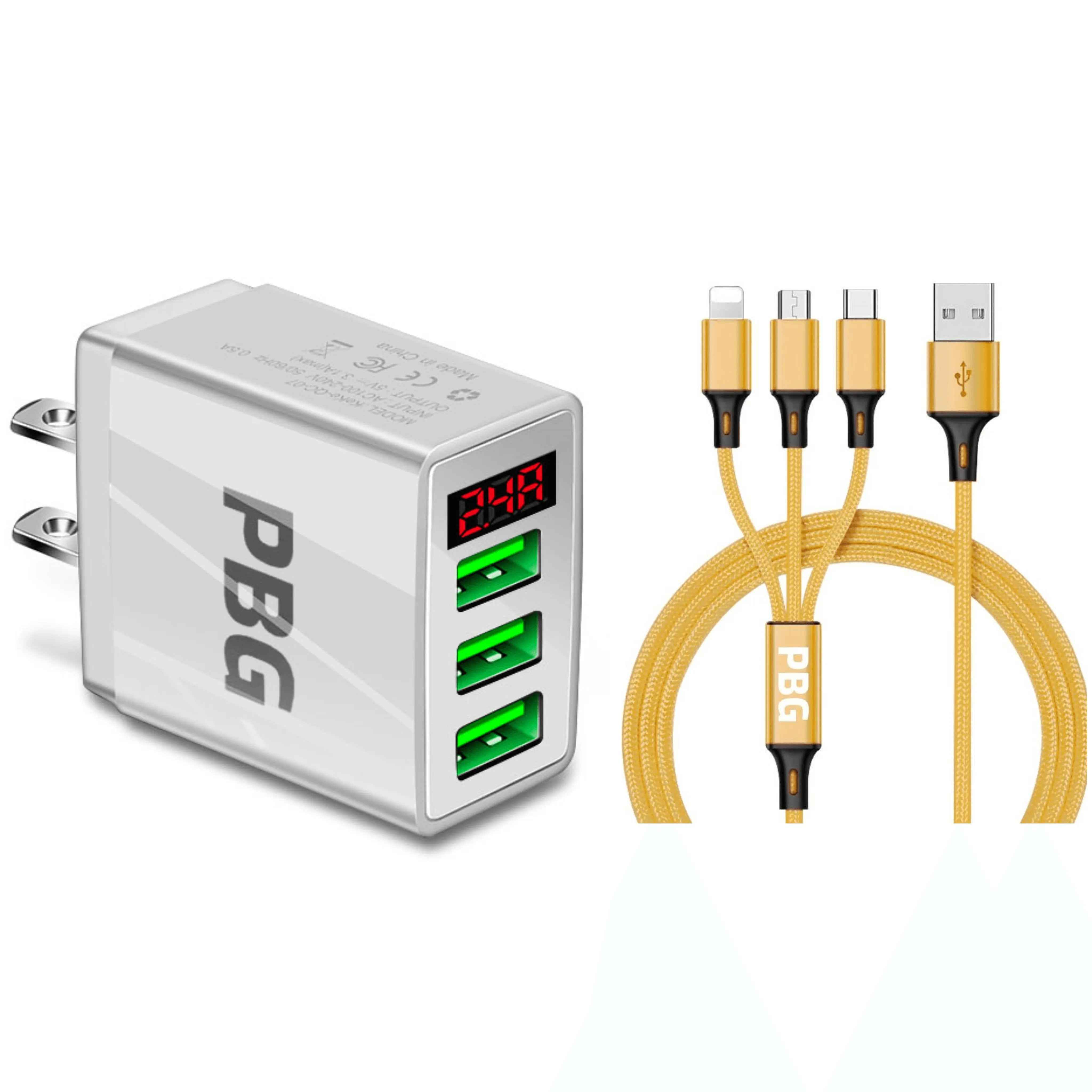 PBG 3-in-1 Fast Charging Cable with LED Display Wall Charger