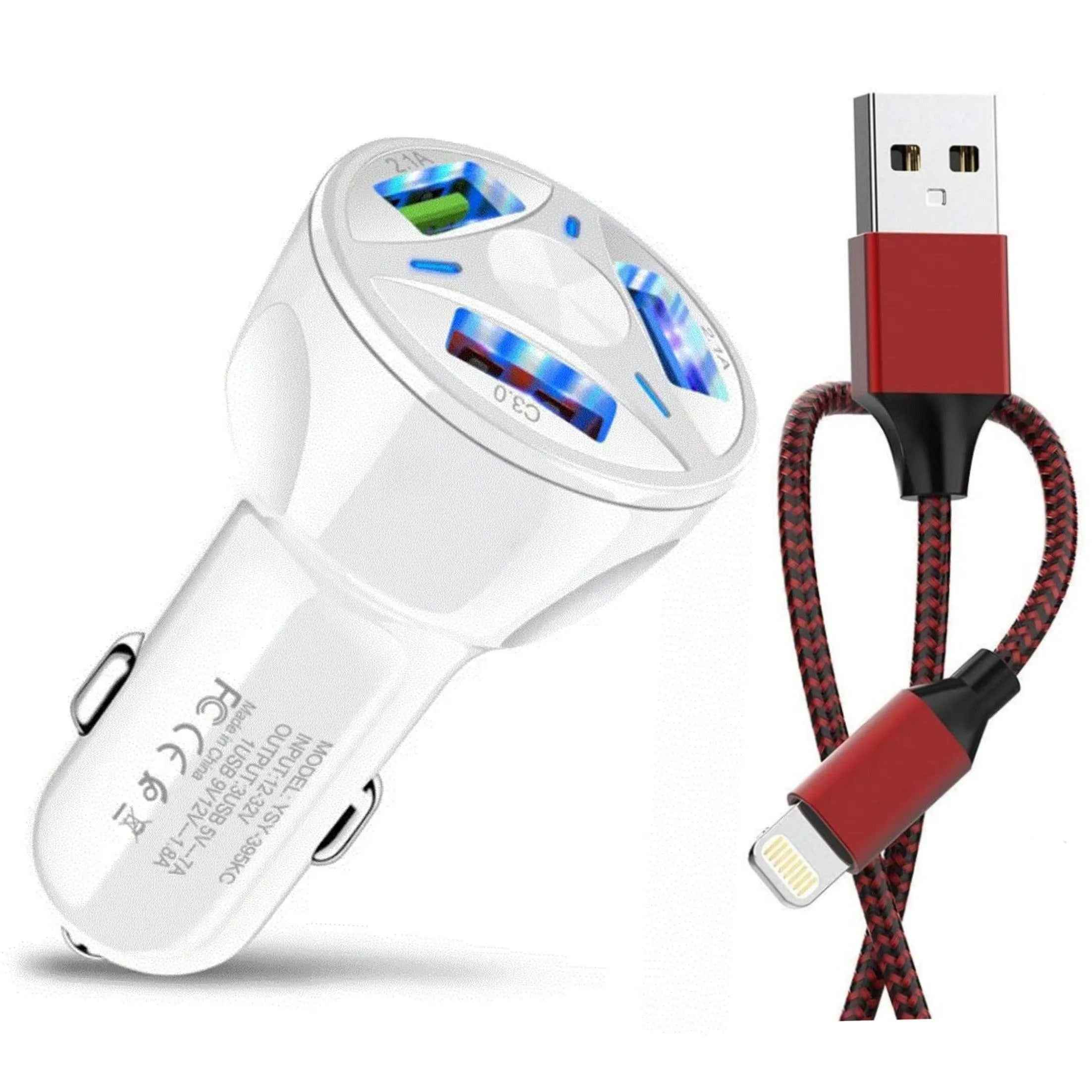 PBG 3 Port White USB Fast LED Car Charger and Charger Compatible for Iphone USB Cable Combo
