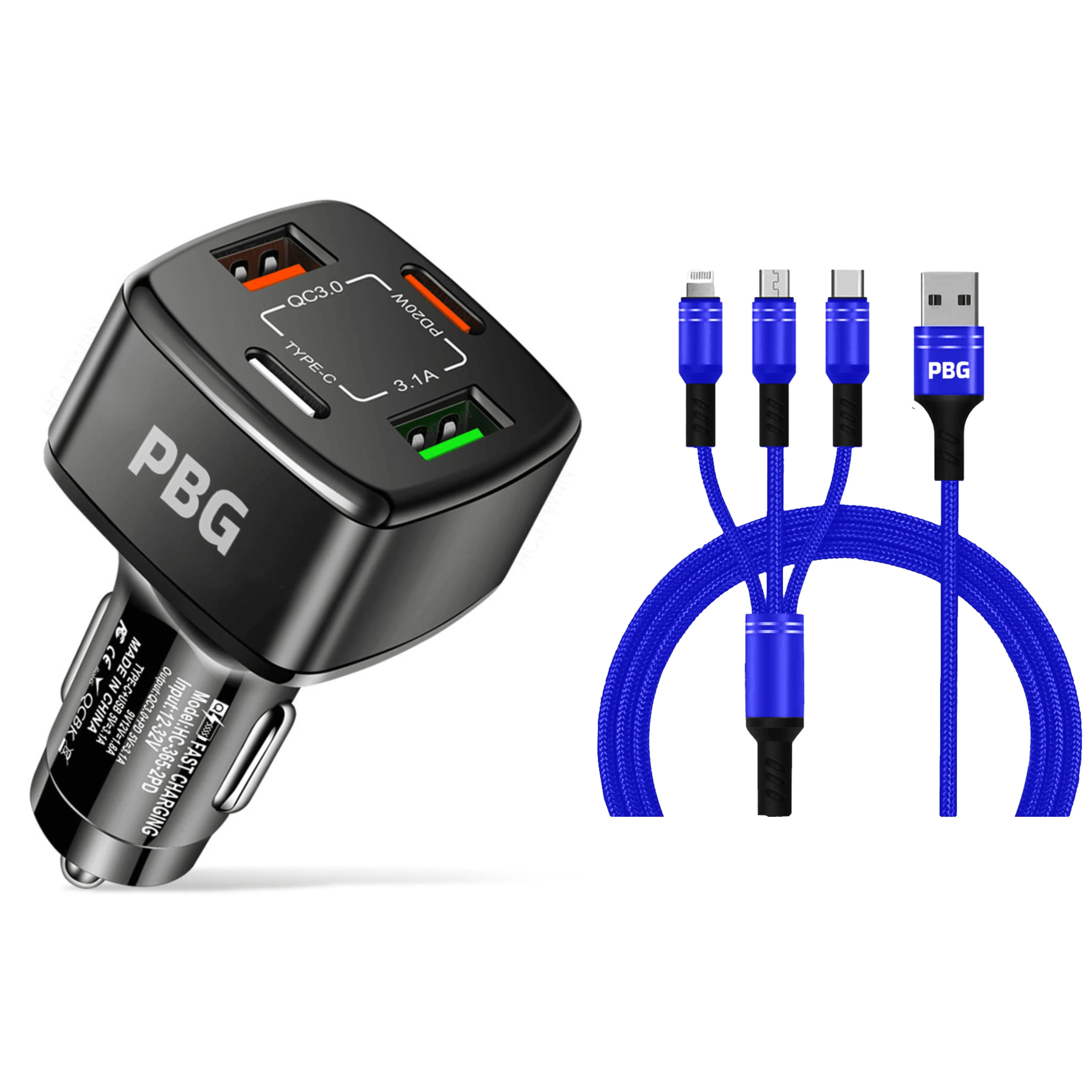 PBG 4 Port Car Charger and 4FT - 3 in 1 Nylon Cable Combo Blue - PremiumBrandGoods