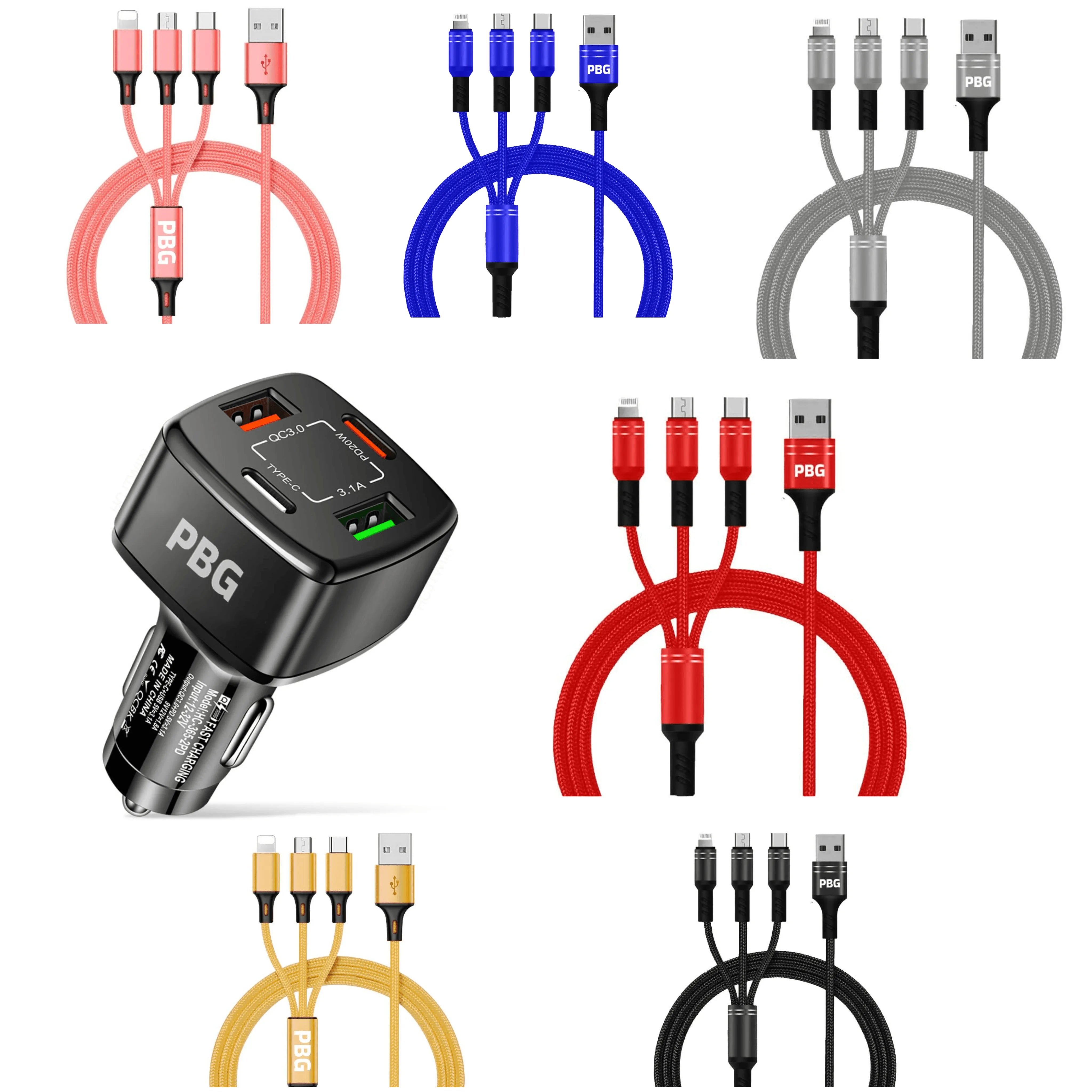 PBG 4 Port Car Charger and 4FT - 3 in 1 Nylon Cable Combo Gold - PremiumBrandGoods