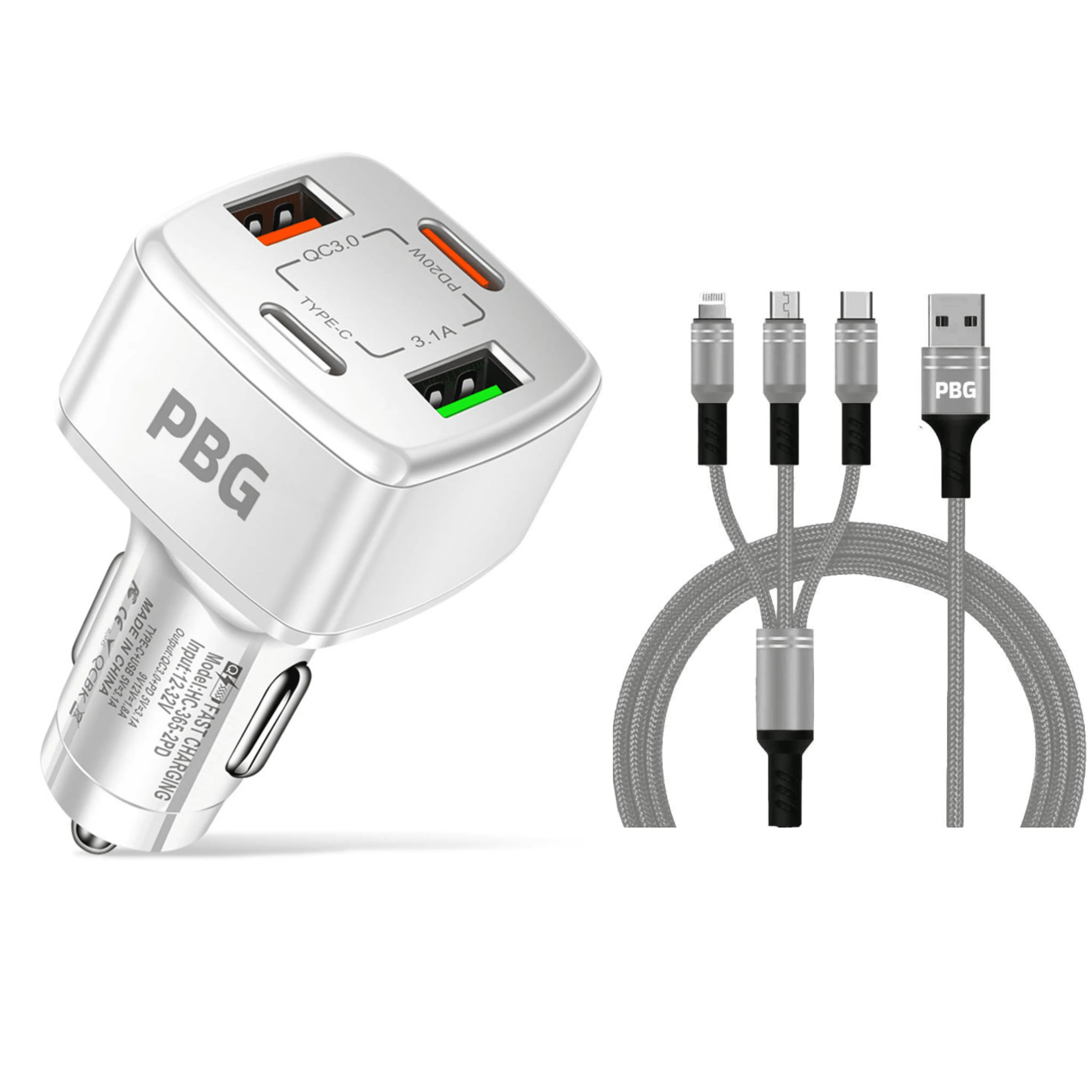 PBG 4 Port Car Charger and 4FT - 3 in 1 Nylon Cable Combo - PremiumBrandGoods