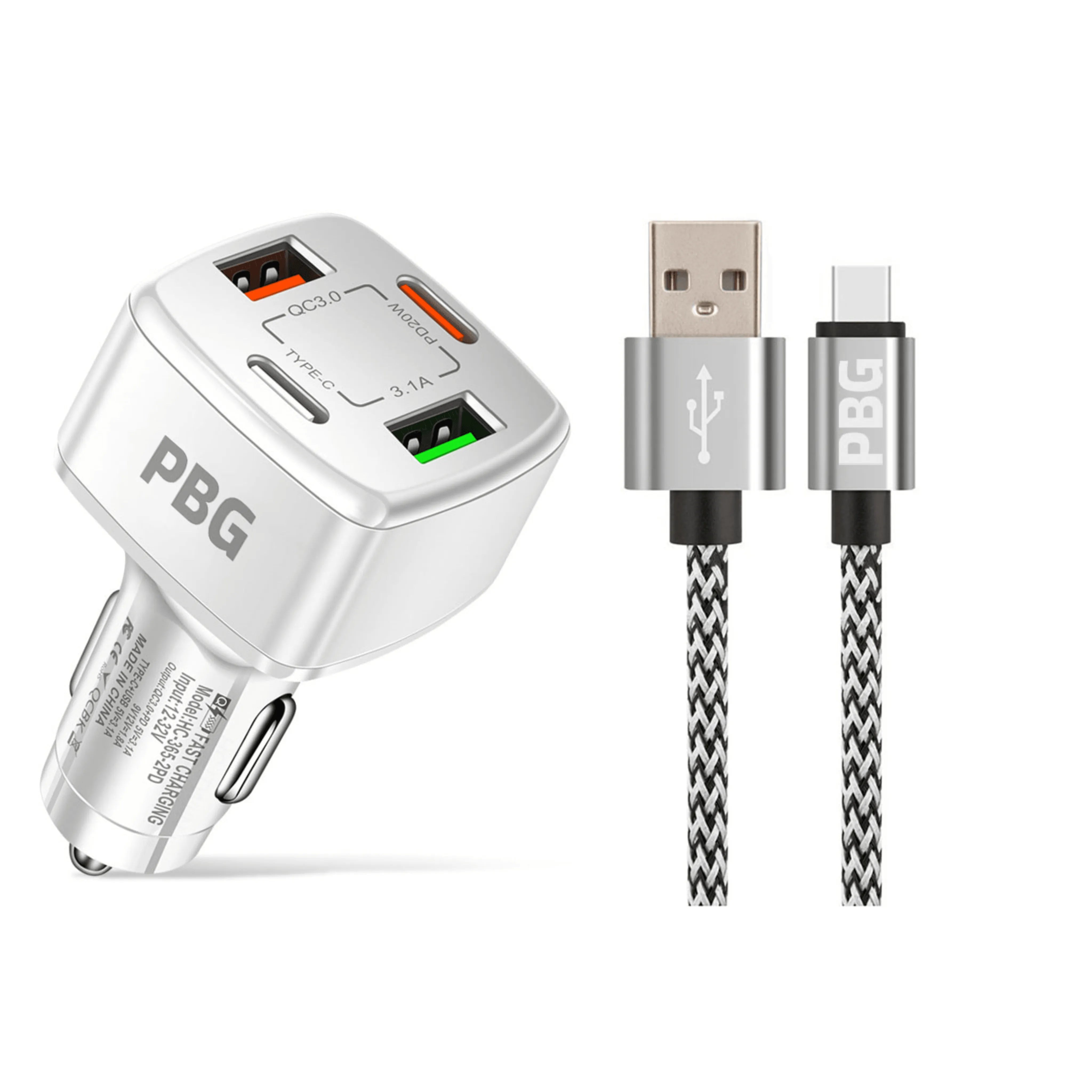White PD 4-Port Fast Car Charger with 10FT Zebra Style Wire iPhone Cable