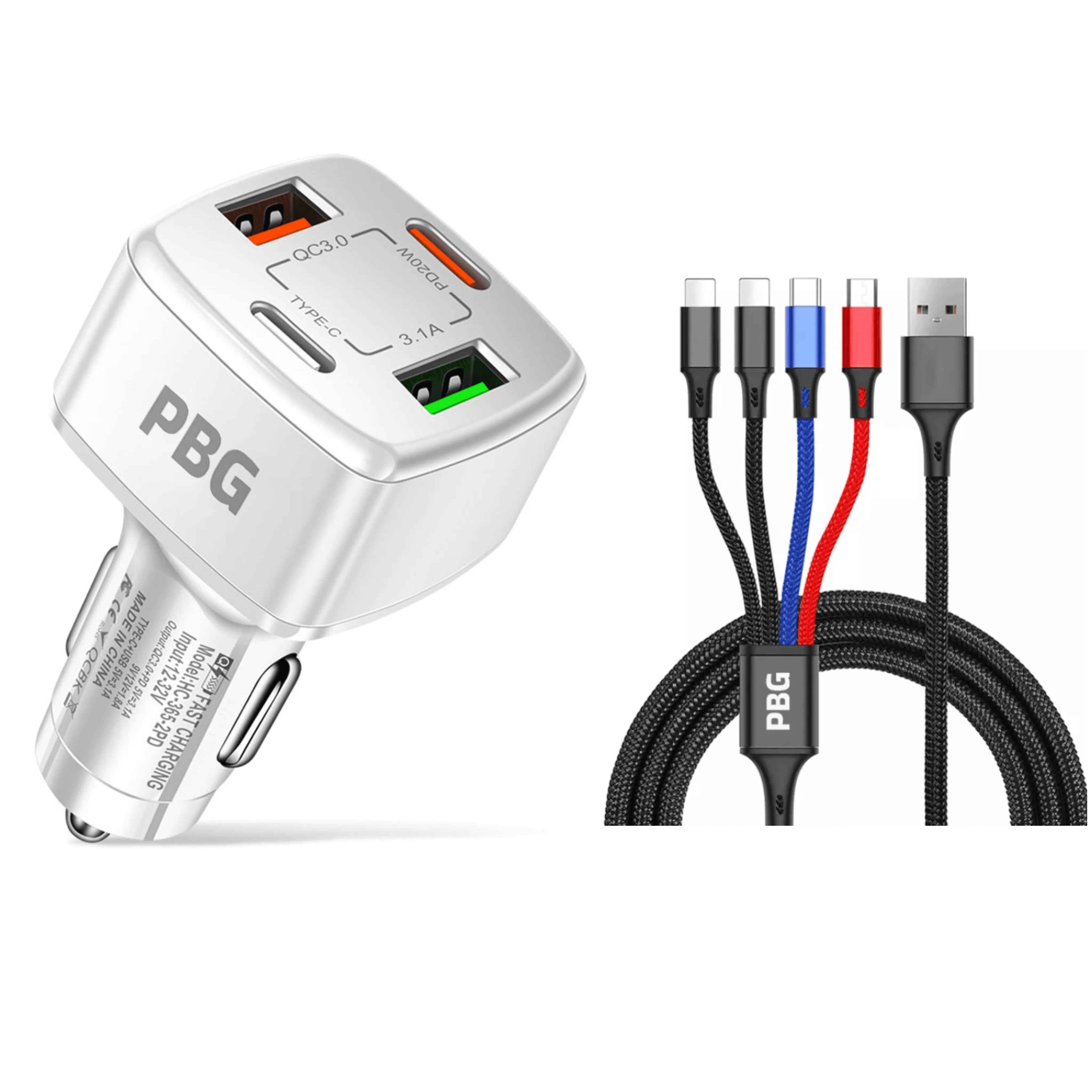 PBG 4 Port PD/USB Car Charger and 4 in 1 Nylon Cable Bundle